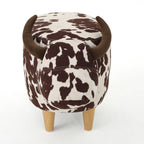 Cow-Shaped Modern Ottoman Footstool in Brown and White Fabric with Velvet Horns, Birch Legs, 25.25 x 14.00 x 16.75 inches - Grand Goldman Shop