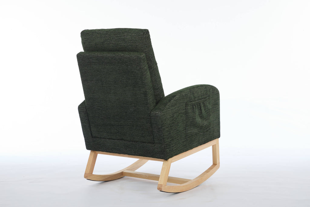 Modern Accent Rocking Chair Rocking Chair with Solid Wood Legs, Upholstered Nursery Glider Rocker, Comfy Armchair with Side Pocket, Living Room Lounge Arm Chair with High Backrest fabric - Grand Goldman Shop