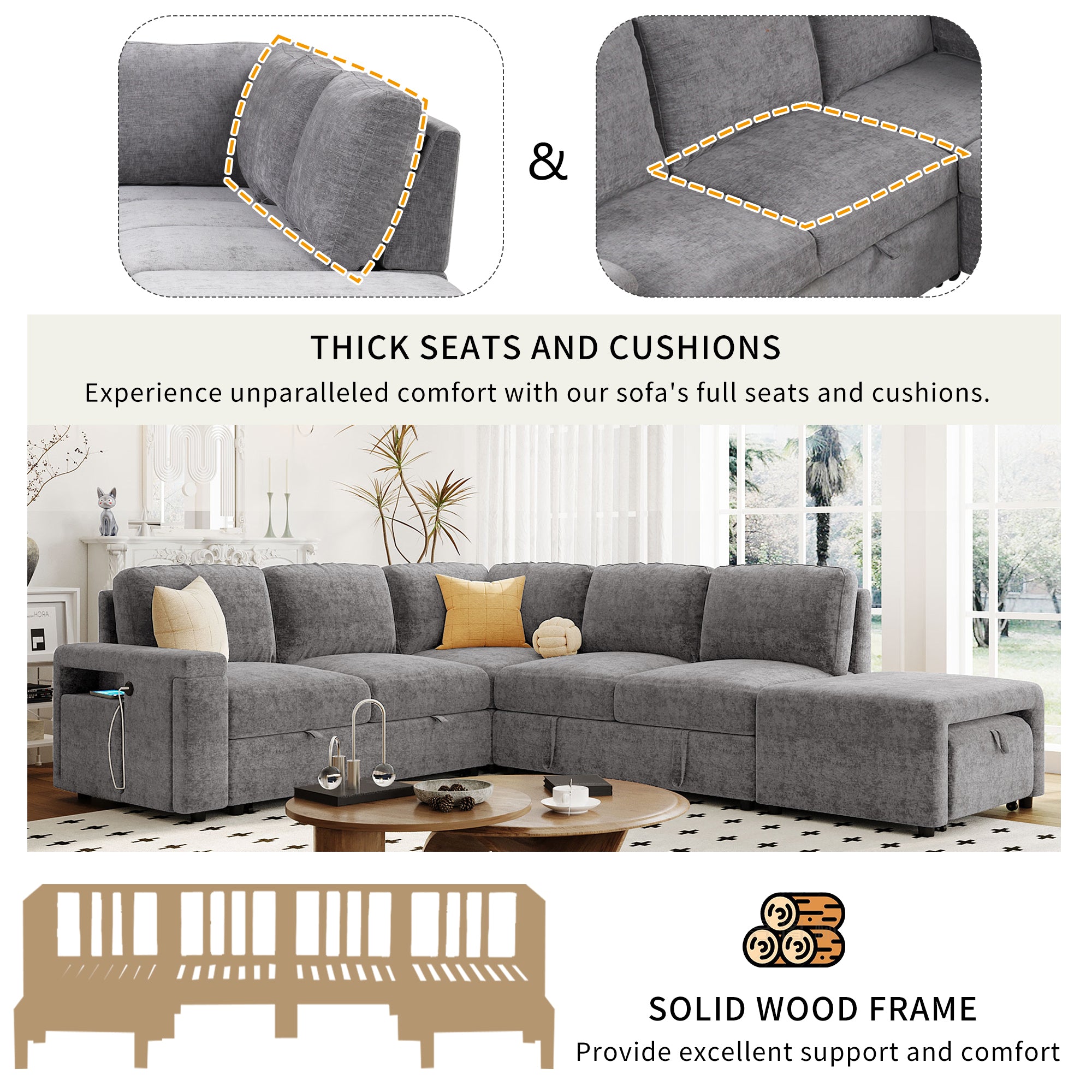 U_STYLE L-shaped Pull-Out Sofa Bed with Storage, USB Ports, and Cup Holders, Modular Design for Living Rooms, Offices & Apartments - Grand Goldman Shop