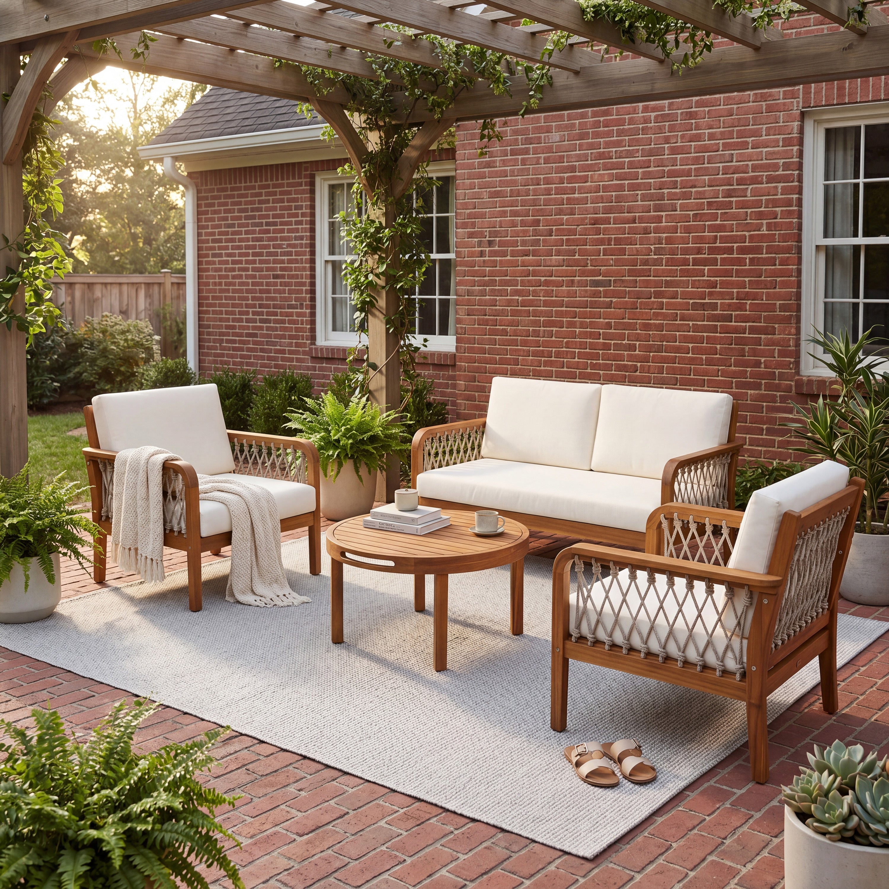 4-teiliges Outdoor-Gartenmöbelset aus Akazienholz, Allwetter-Konversationssofa-Set mit geflochtenen Seilarmlehnen, abnehmbaren Kissen für Garten und Terrasse, Teakholz-Finish + Haferseil + Cremefarbene Kissen