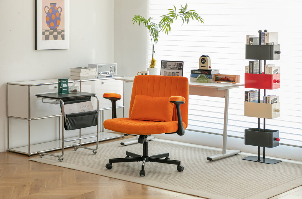 Orange Velvet Criss Cross Armrest Office Chair with Wheels - Stylish for Home Office, Gaming & Makeup | Premium Home Decor - 