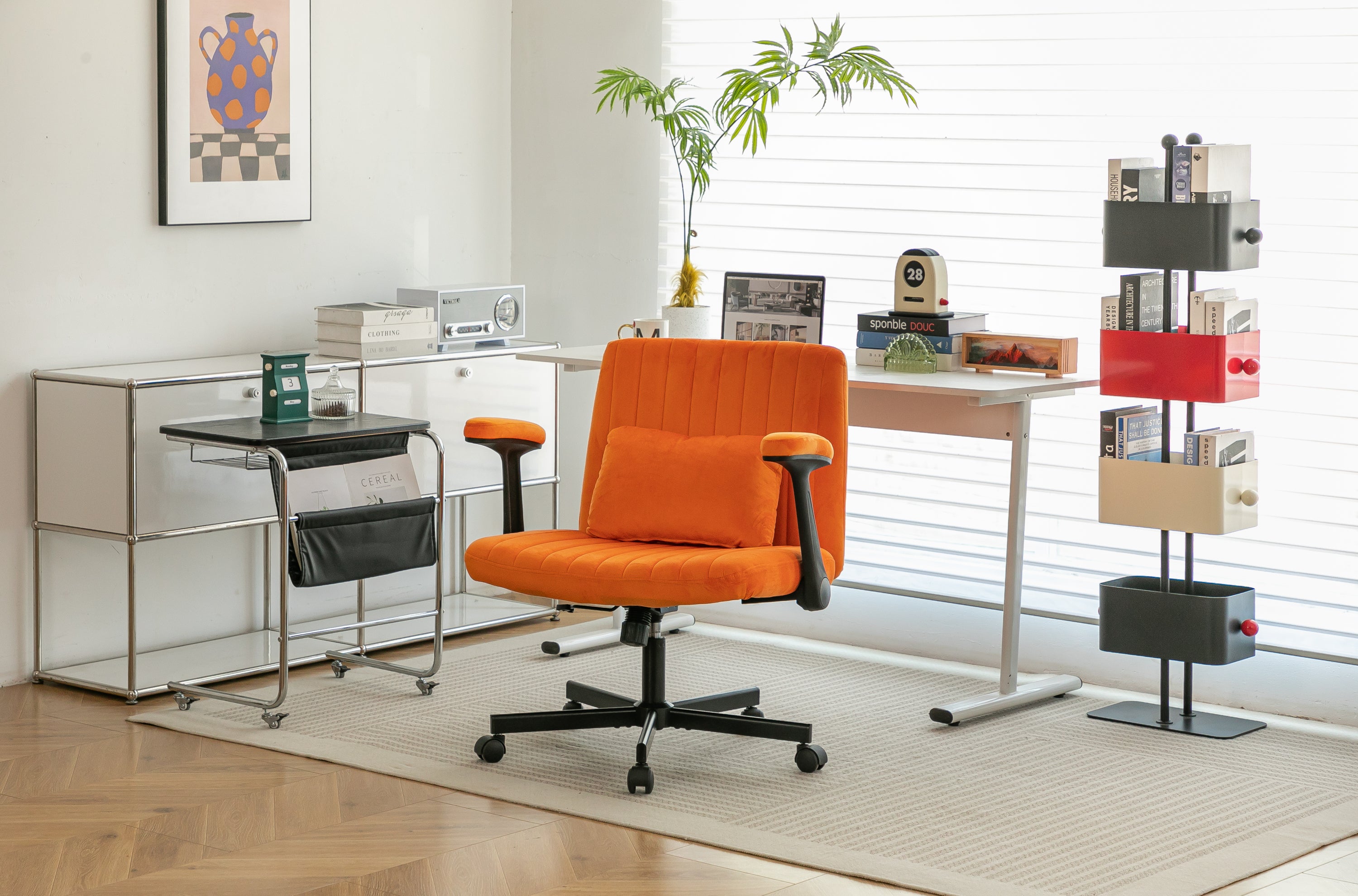 Orange Velvet Criss Cross Armrest Office Chair with Wheels - Stylish for Home Office, Gaming & Makeup | Premium Home Decor - 