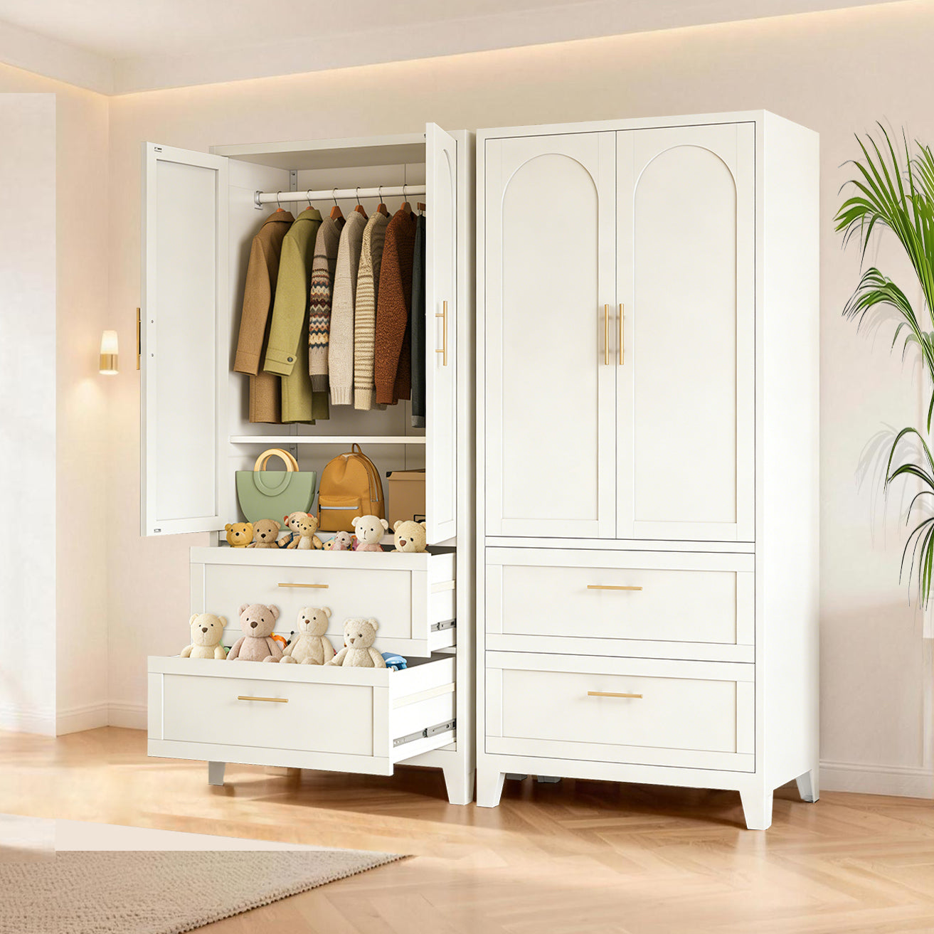 71' Tall Metal Wardrobe Cabinet with 2 Drawers and Hanging Rod, 2 Doors Wardrobe Closet with Shelf for Bedroom, Office, Laundry Room,Entryway ,Foyer,Guesthouse (White) - Grand Goldman Shop