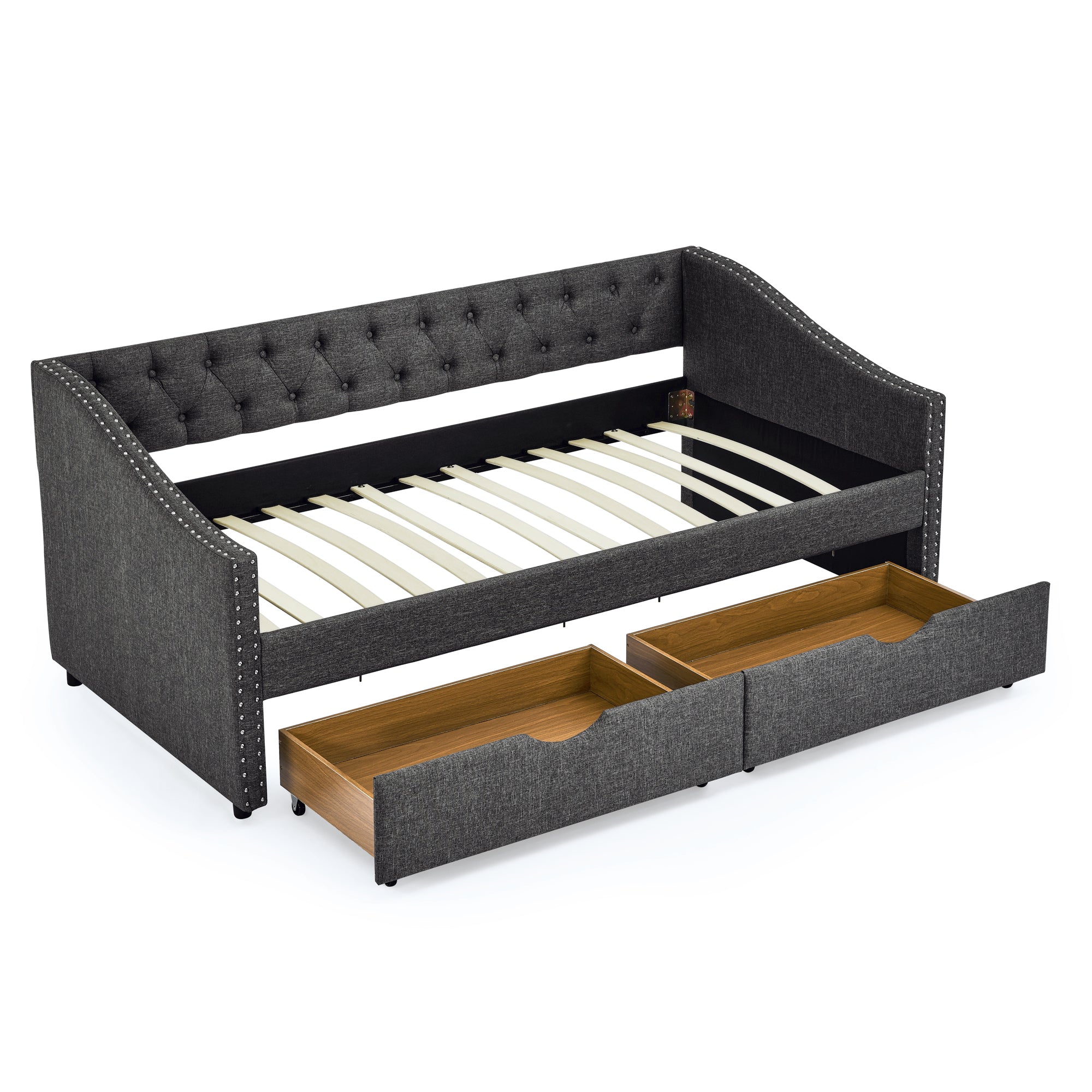Twin Size Daybed with Drawers Upholstered Tufted Sofa Bed in Dark Grey Linen, Button Back and Copper Nail Trimmed Waved Arms, 81.5''x41''x30.5'' - Grand Goldman Shop