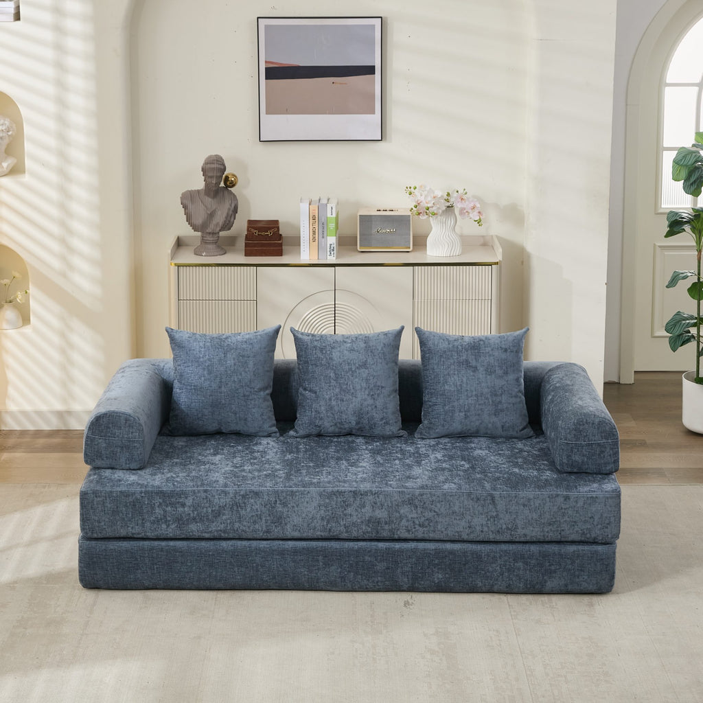 Comfy Convertible Folding Mattress Couch, Floor Sofa Bed, Chenille Floor Sofa with Armrest, Floor Sofa Lounge Couch for Living Room Bedroom Lounge Studio-Blue - Grand Goldman Shop