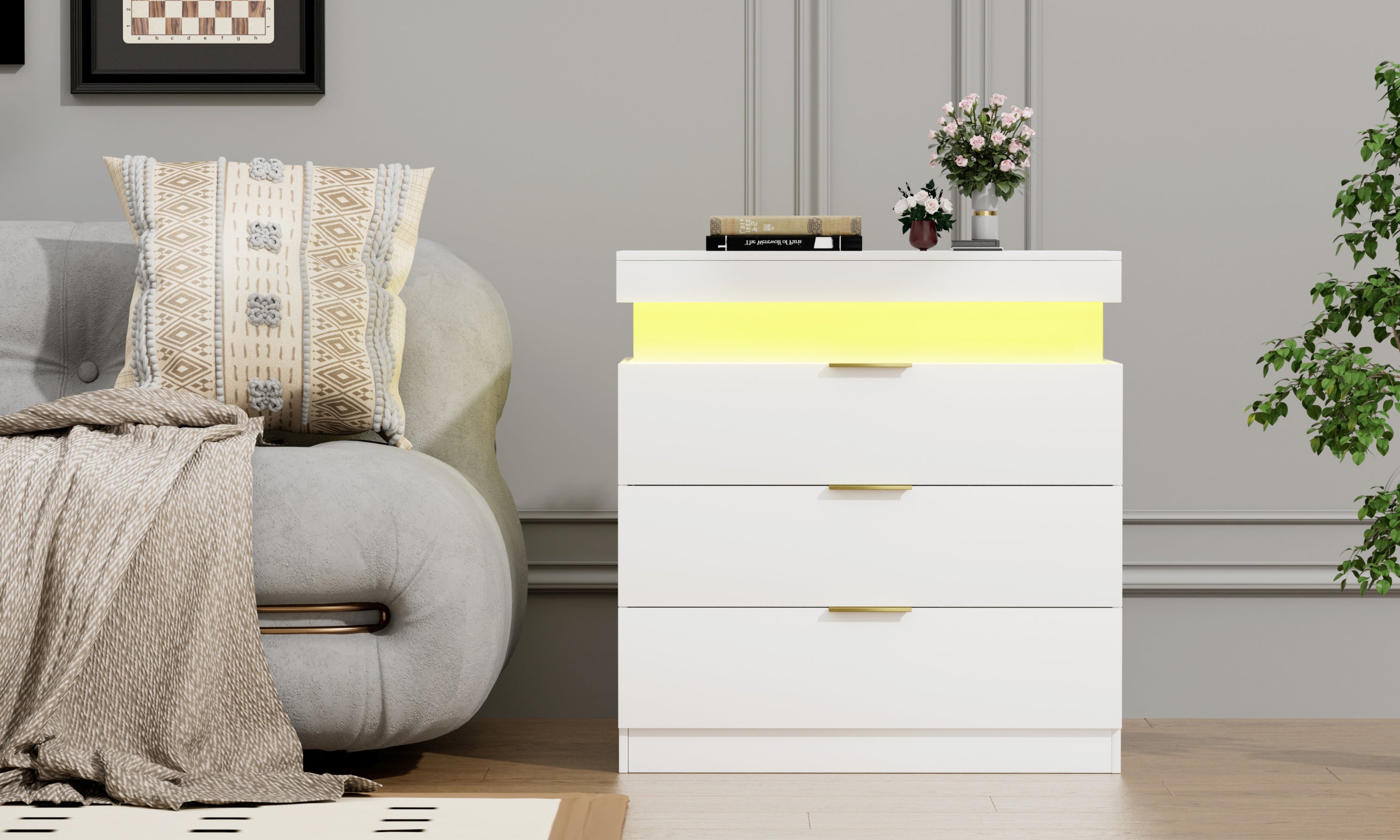 Nightstand with Charging Station and LED Lights,Night Stand with Sliding Top for Bedroom,Bedside Table with Drawers,Modern End Side Table,White.28.8''W x 17''D x 30.5''H. - Grand Goldman Shop