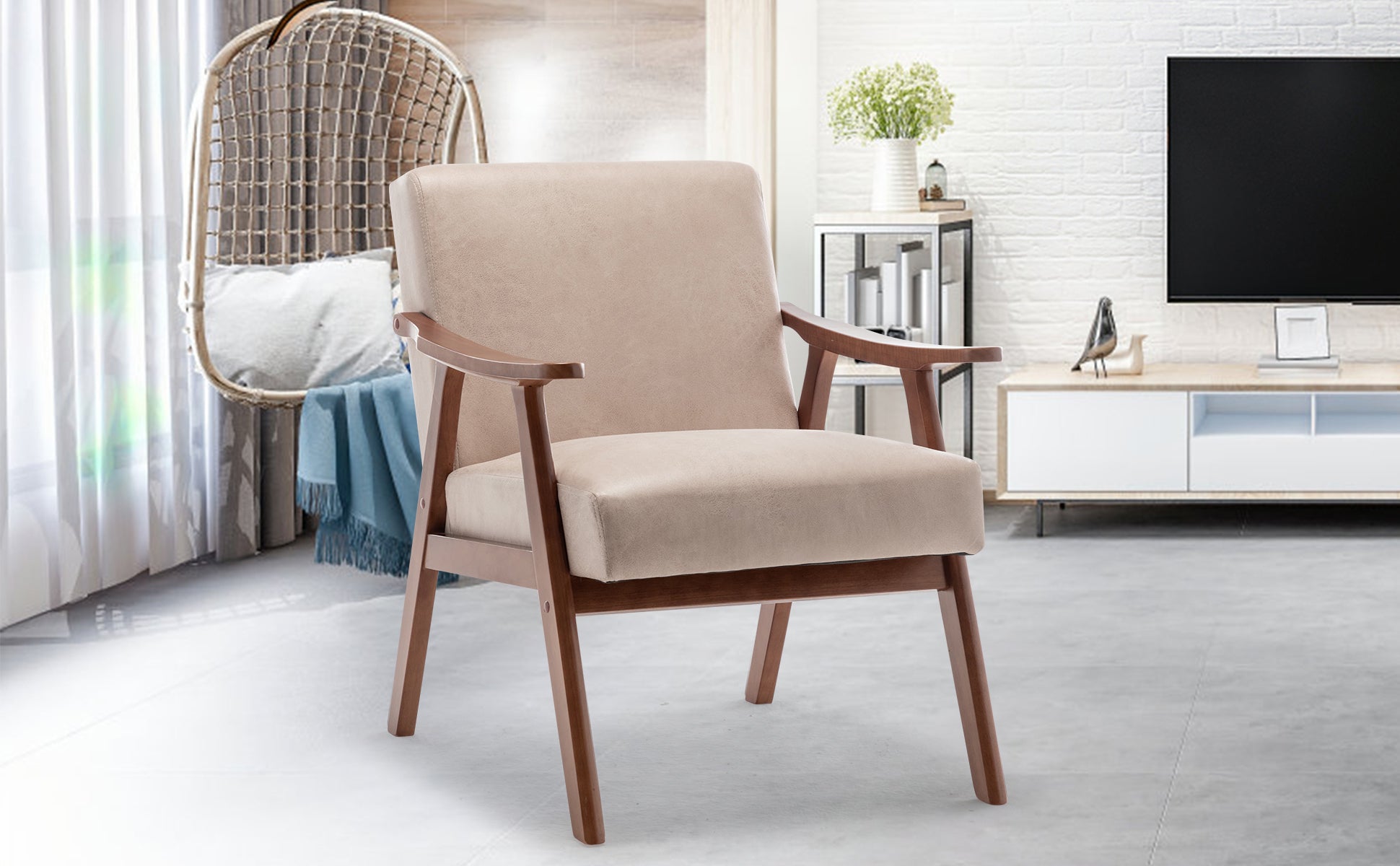 Mid-Century Modern Wingback Accent Chair with Solid Wood Frame and Extra-Thick Backrest – Lounge Chair for Living Room, Bedroom, or Reading Room - Grand Goldman Shop