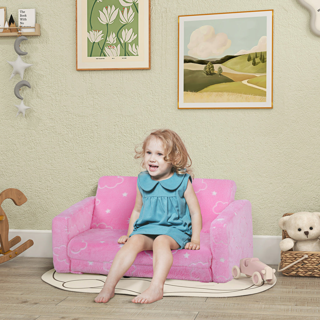 Qaba 2 in 1 Kids Sofa Chair, Toddler Couch with Glow in The Dark Cosmic Patten, Washable Cover, Fold Out Convertible Sofa to 