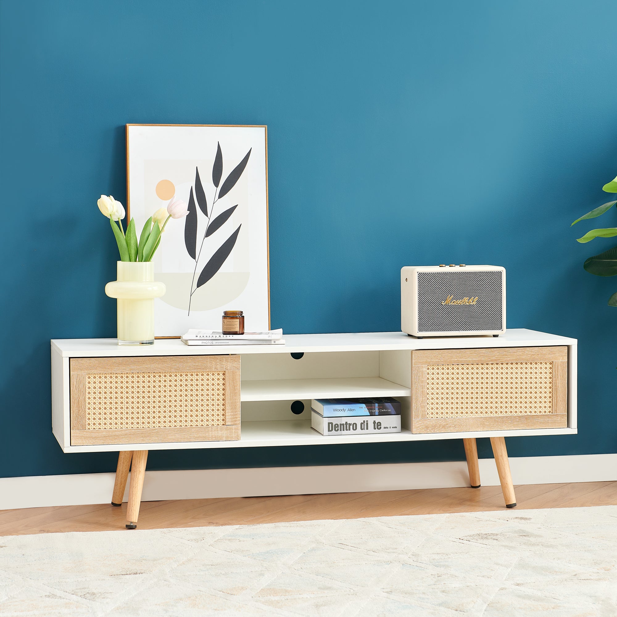 Modern Rattan TV Cabinet with Double Sliding Doors, Adjustable Shelf, Solid Wood Legs, White, 55.12 inches - Grand Goldman Shop