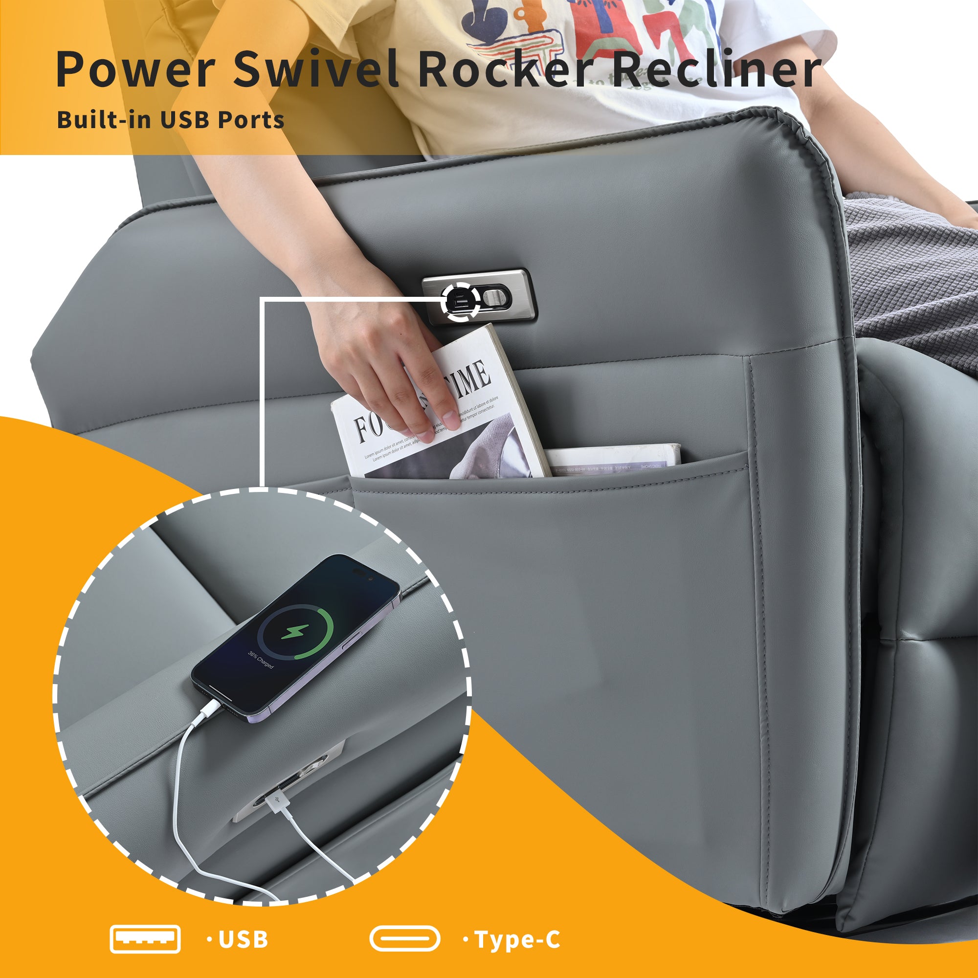 Power Swivel Rocker Recliner Chair for Adults, 270° Swivel Rocking Recliner Chair,Electric Small Recliners for Small Spaces, Single Sofa Recliner for Living Room, Bedroom,RV (Blue-gray+270° Swivel) - Grand Goldman Shop