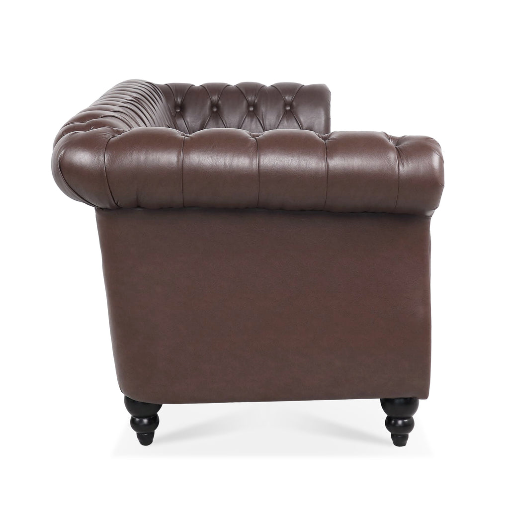 Dark Brown PU Rolled Arm Chesterfield Three Seater Sofa with Solid Wood Frame and Birch Legs - Grand Goldman Shop