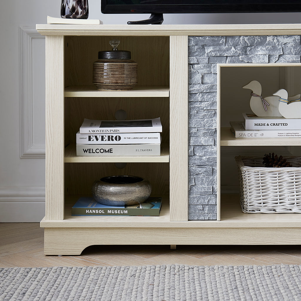 Mantel Stone TV Media Stand with with Faux Stacked Stone Surround, Modern Entertainment Console with Open Storage Space,WHITE, 58.31'W*15.39'D*26.06'H - Grand Goldman Shop