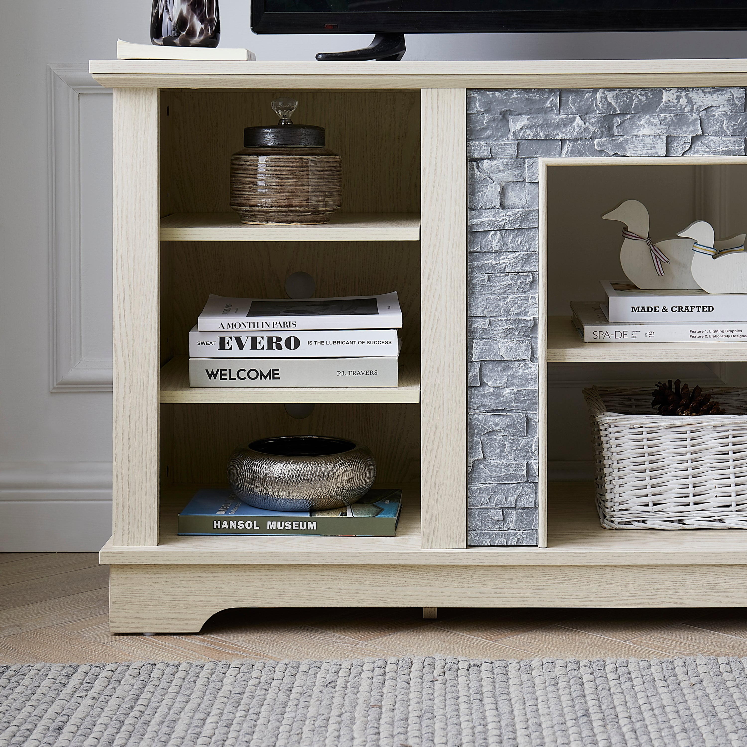 Mantel Stone TV Media Stand with with Faux Stacked Stone Surround, Modern Entertainment Console with Open Storage Space,WHITE, 58.31'W*15.39'D*26.06'H - Grand Goldman Shop
