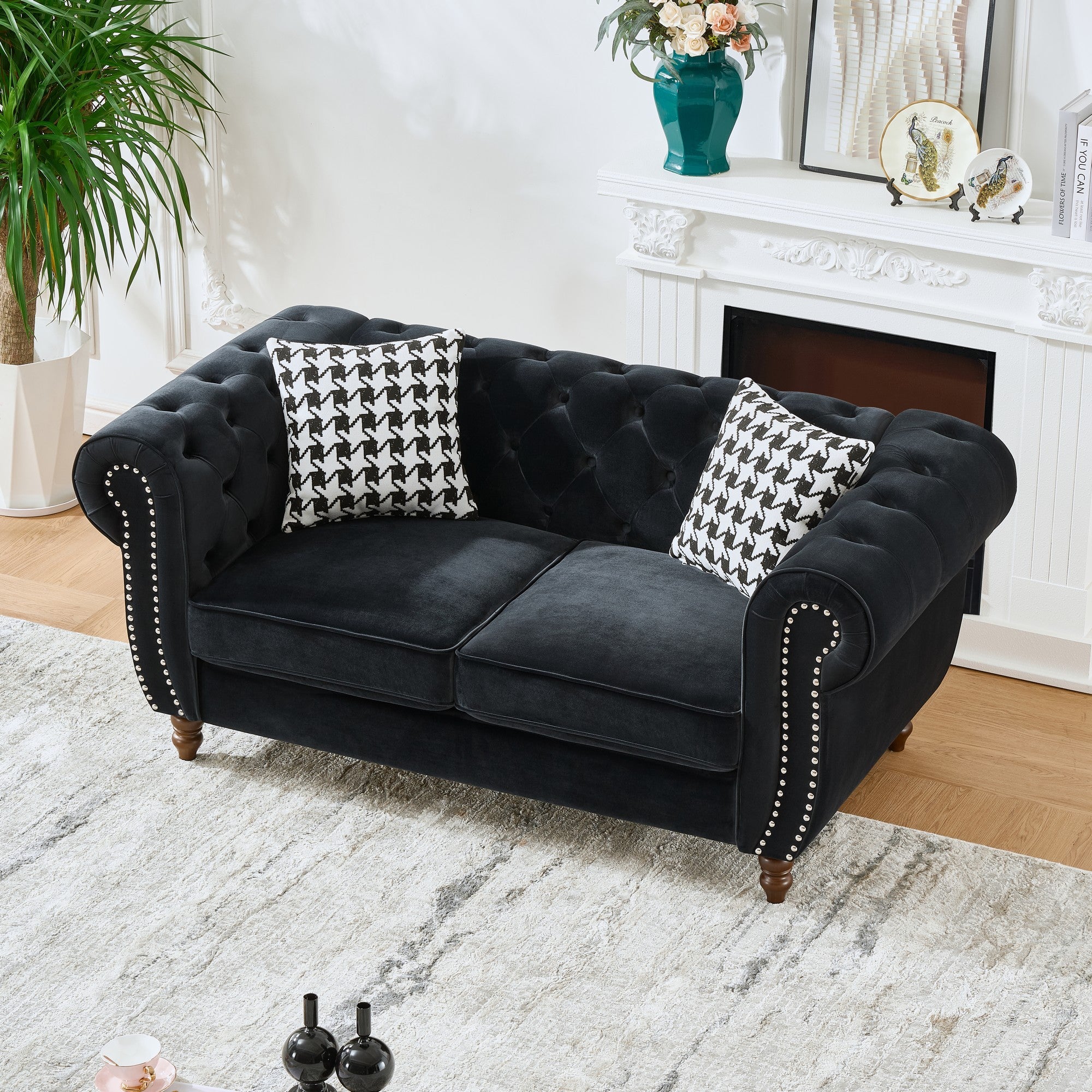 Mid Century Modern Chesterfield Velvet Sofa with Roll Armrest & Nailhead, Black, 67-Inch - Grand Goldman Shop