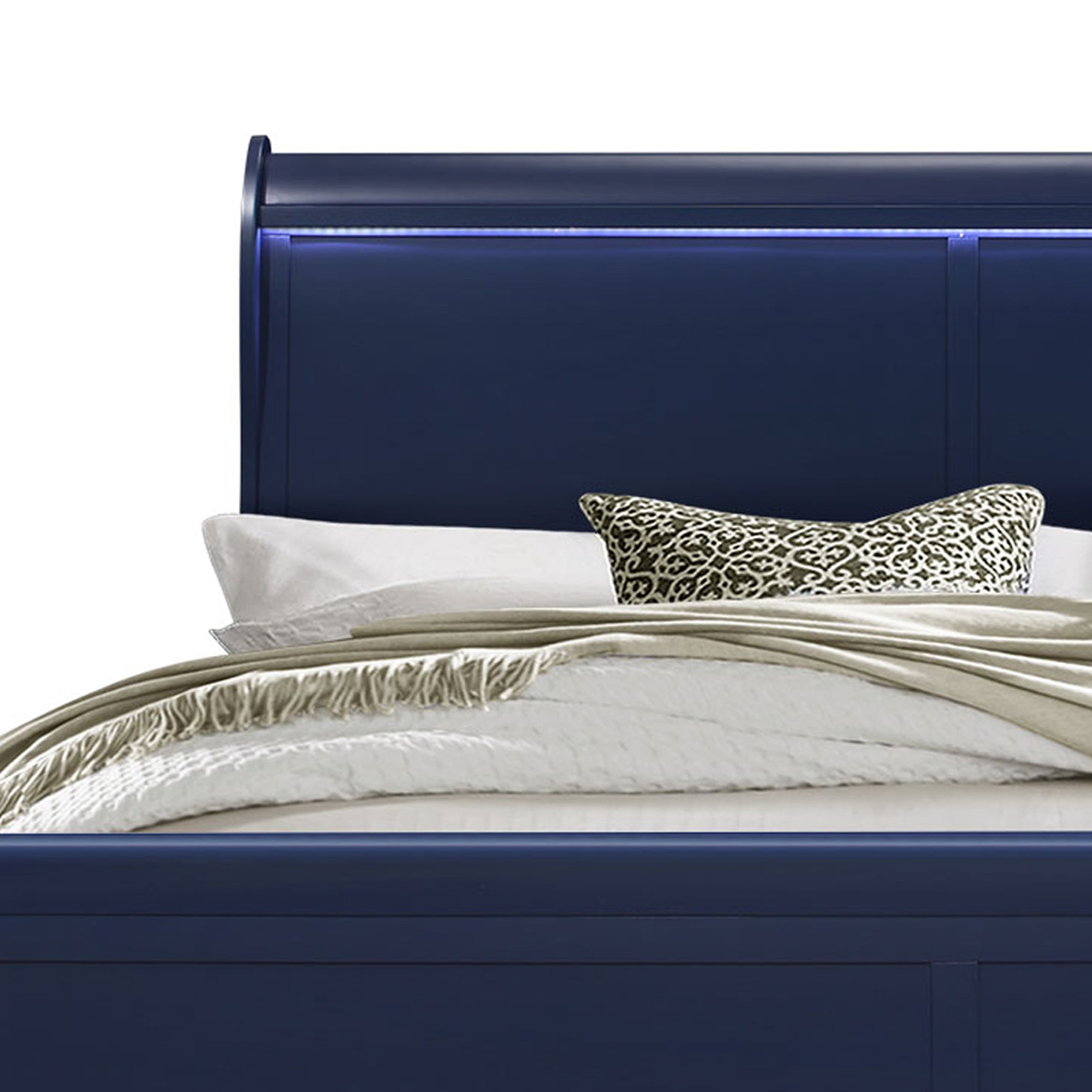 Charlston Sleigh Style King Bedroom Set with LED Headboard in Blue Solid Wood and MDF - Grand Goldman Shop