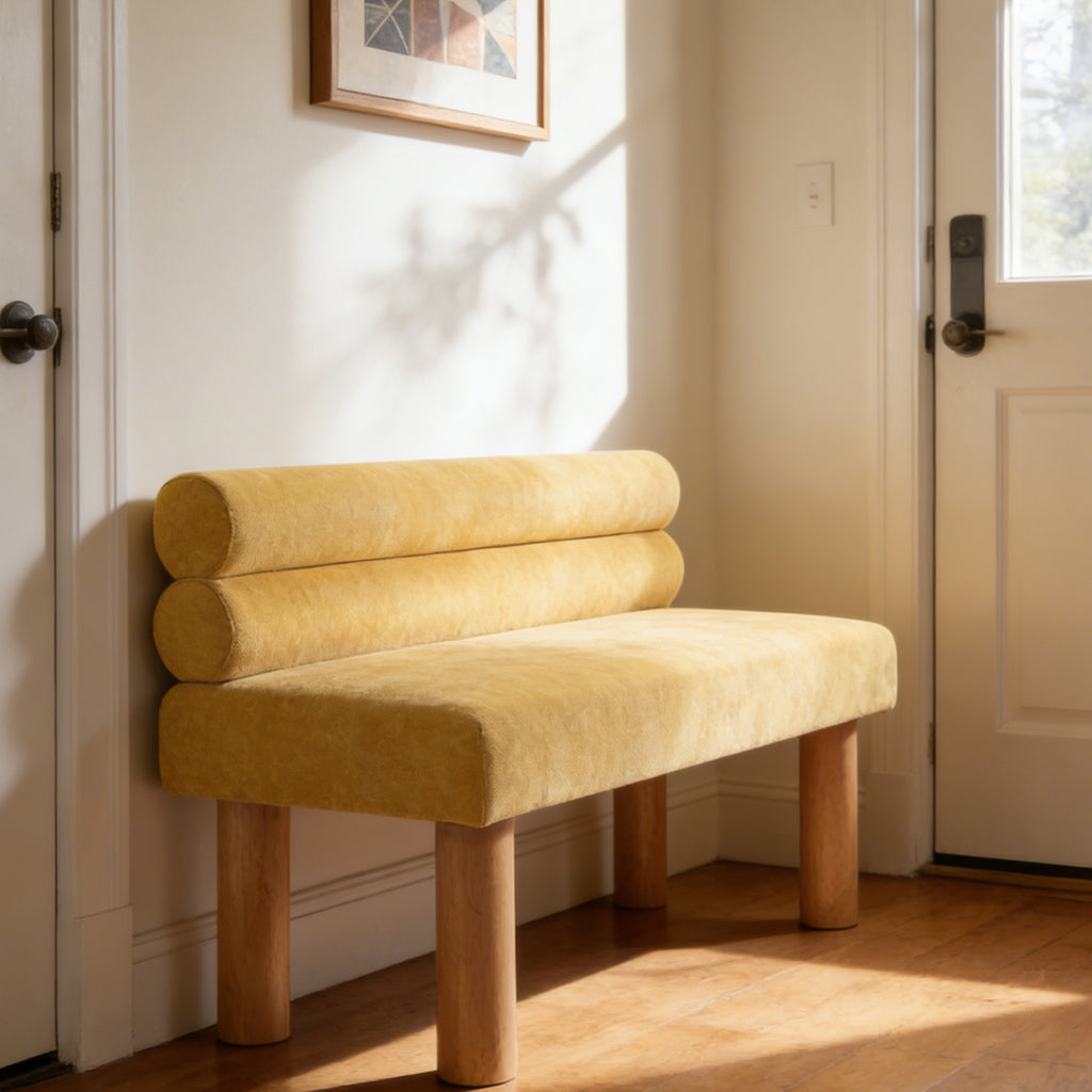 Upholstered Dining Bench, End of Bed, Entryway Bench, Ottoman for Dining Room, Bedroom, Living Room, Rubber Wood Leg 300 LBS Support, Yellow - Grand Goldman Shop