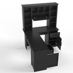 L-shaped computer desk with 2 cabinets and 2 drawers underneath the table, 11 open shelves and a flip-up shelf with storage o