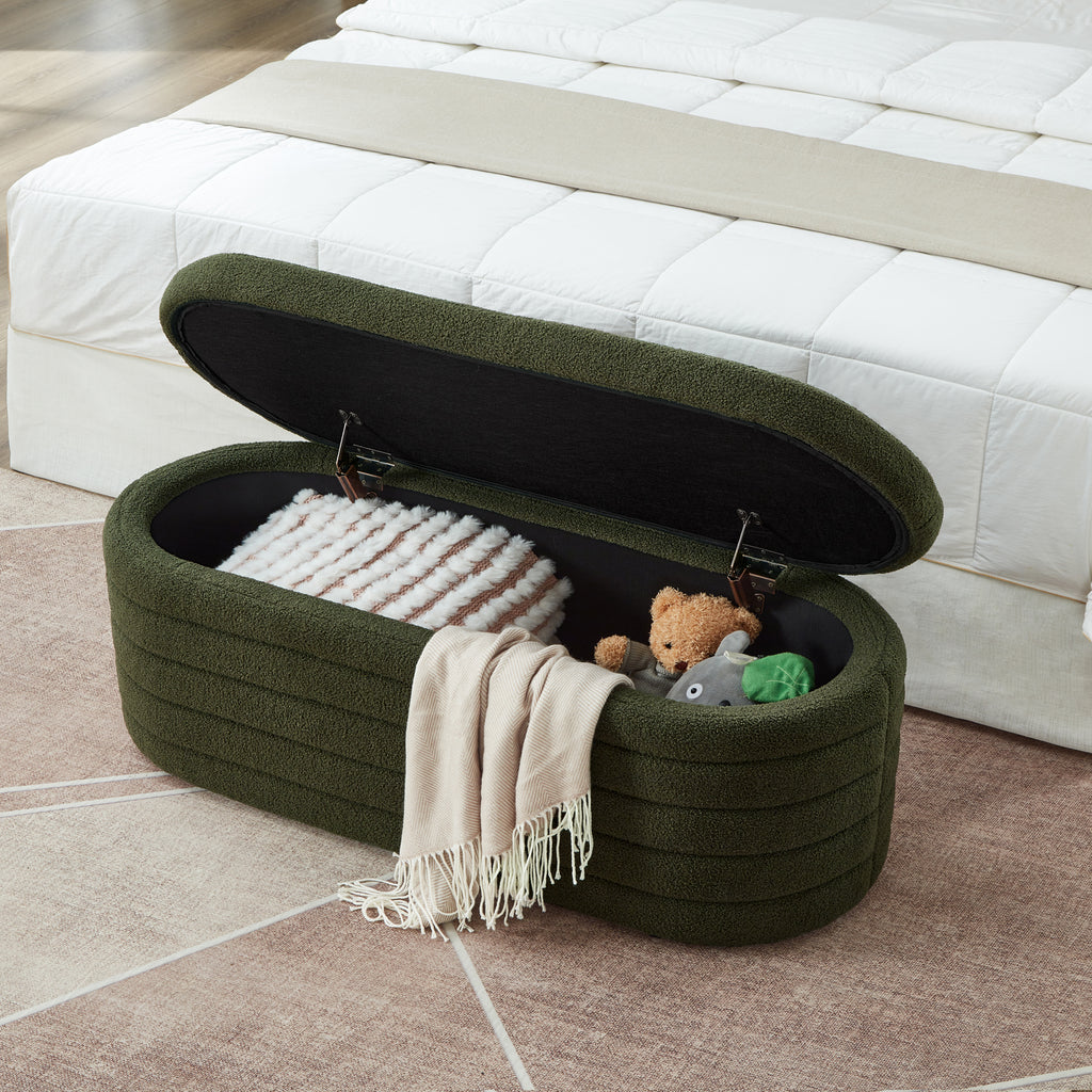 Modern Oval Storage Ottoman Bench, Upholstered Boucle Teddy Fabric End of Bed Bench with Storage, End of Bed Stool with Safety Hinge for Bedroom, Living Room, Entryway, Dark Green - Grand Goldman Shop