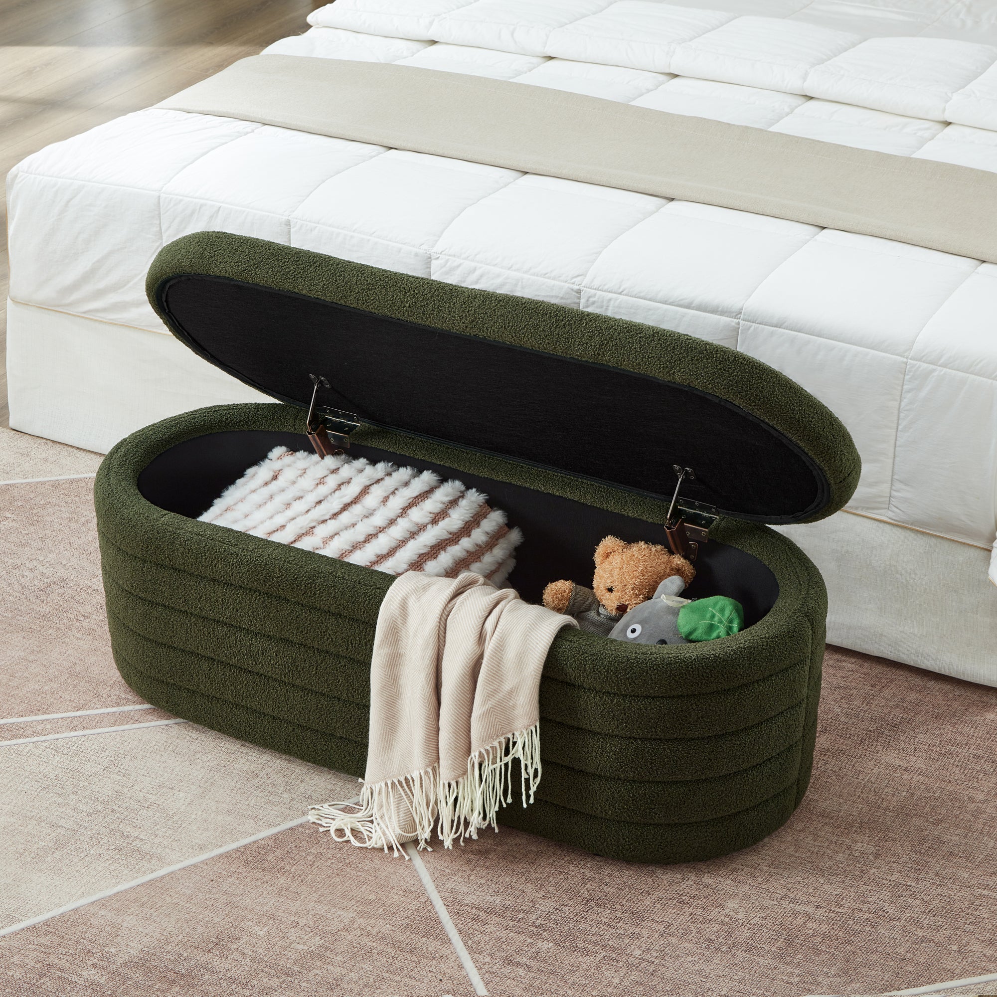 Modern Oval Storage Ottoman Bench, Upholstered Boucle Teddy Fabric End of Bed Bench with Storage, End of Bed Stool with Safety Hinge for Bedroom, Living Room, Entryway, Dark Green - Grand Goldman Shop