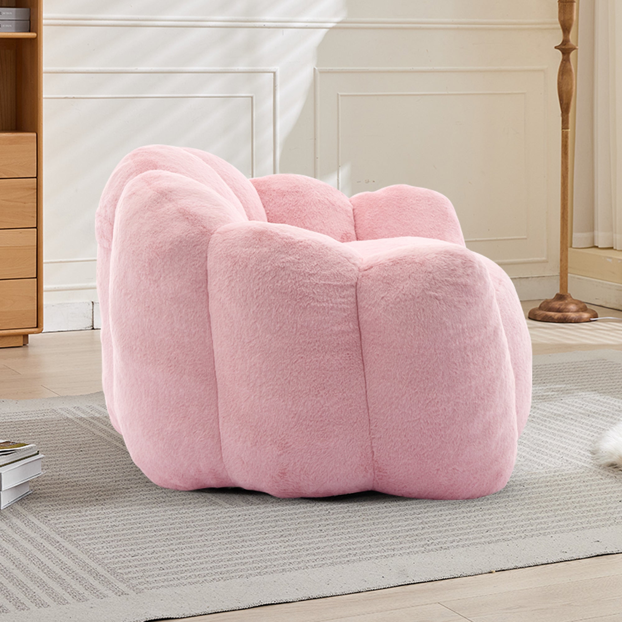 Lotus Style Compression Sofa Adult Bean Bag with Pull Ring in Pink Plush, 43.7 x 39.76 x 26.77 inches, No Installation Required - Grand Goldman Shop