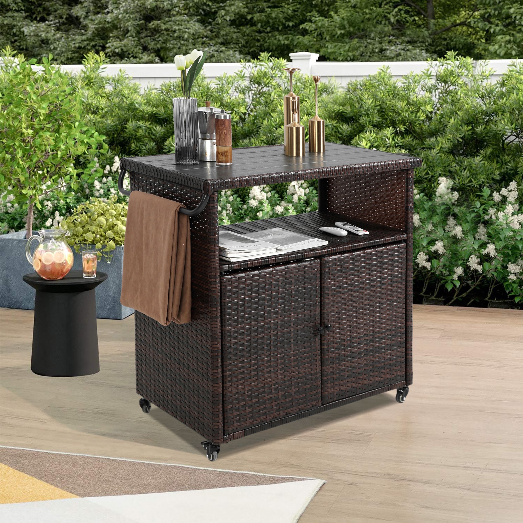 Outdoor Wicker Bar Cart, Patio Wine Serving Cart w/Wheels , Rolling Rattan Beverage Bar Counter Table plastic wood Top for Porch Backyard Garden Poolside Party, Light brown - Grand Goldman Shop