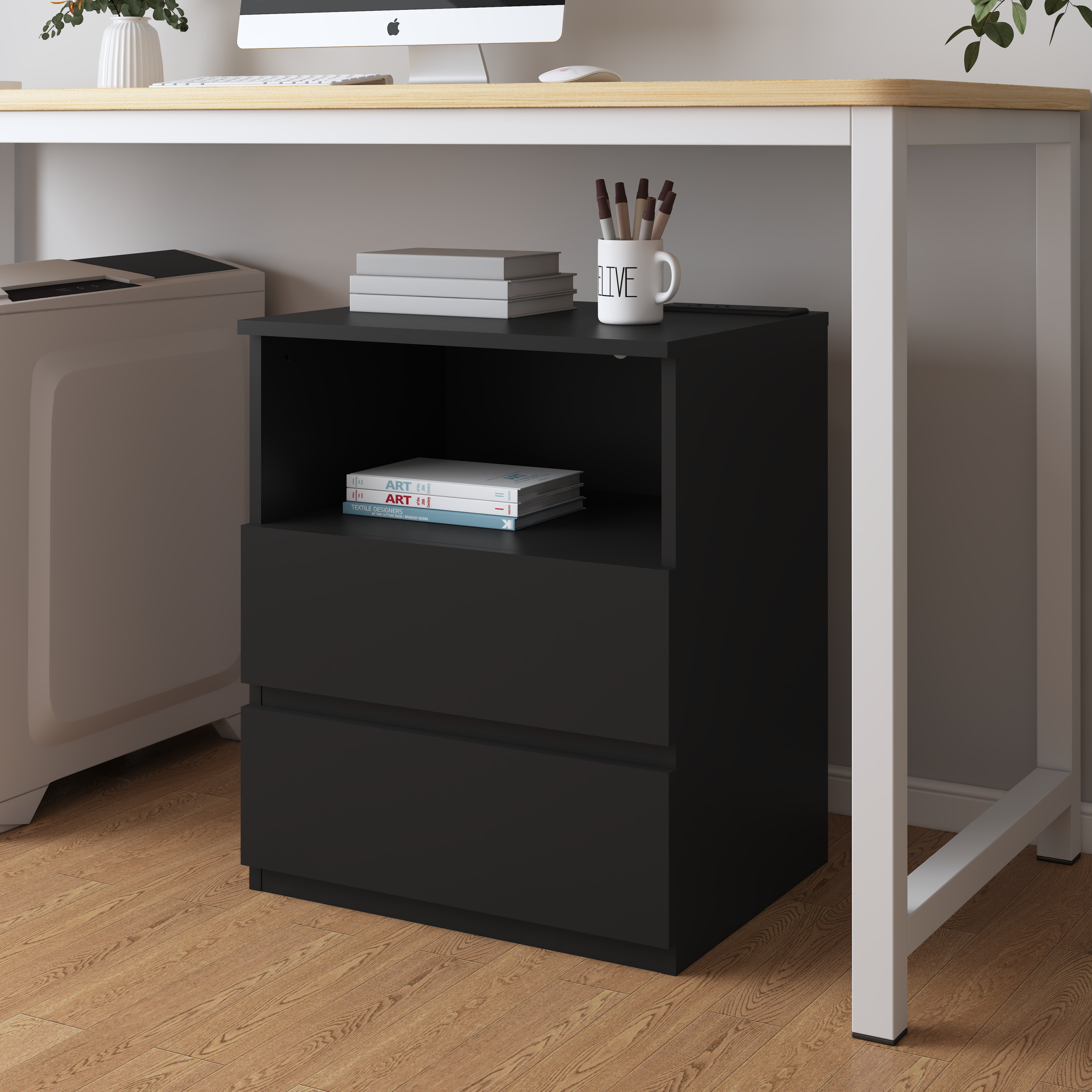 (Set of 2)End Table with Fast USB C Charging Station, Sofa Side Table with 2 Drawers, Large Storage Modern Wood Storage Cabinet for Living Room,Bedroom,Office, Black - Grand Goldman Shop