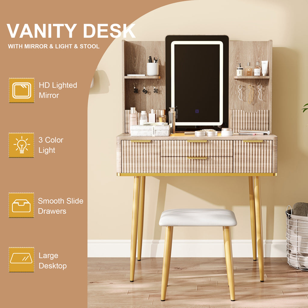 4-Drawer Vanity Desk with LED Mirror & Carved Details, Fluted Makeup Table with Metal Legs and PU Stool, Carved Dressing Table with Jewelry Storage for Bedroom - Grand Goldman Shop