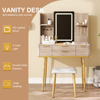 4-Drawer Vanity Desk with LED Mirror & Carved Details, Fluted Makeup Table with Metal Legs and PU Stool, Carved Dressing Table with Jewelry Storage for Bedroom - Grand Goldman Shop