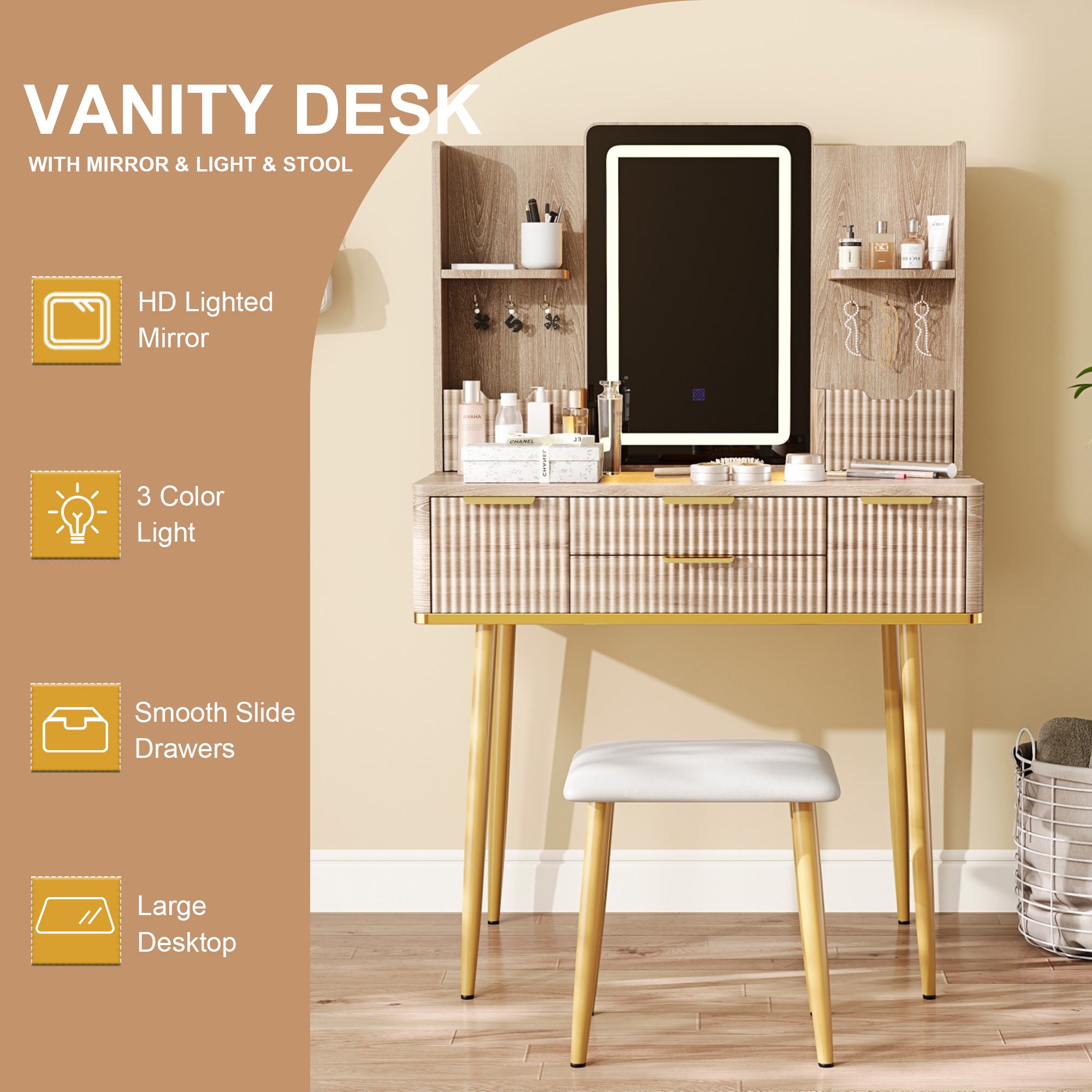 4-Drawer Vanity Desk with LED Mirror & Carved Details, Fluted Makeup Table with Metal Legs and PU Stool, Carved Dressing Table with Jewelry Storage for Bedroom - Grand Goldman Shop