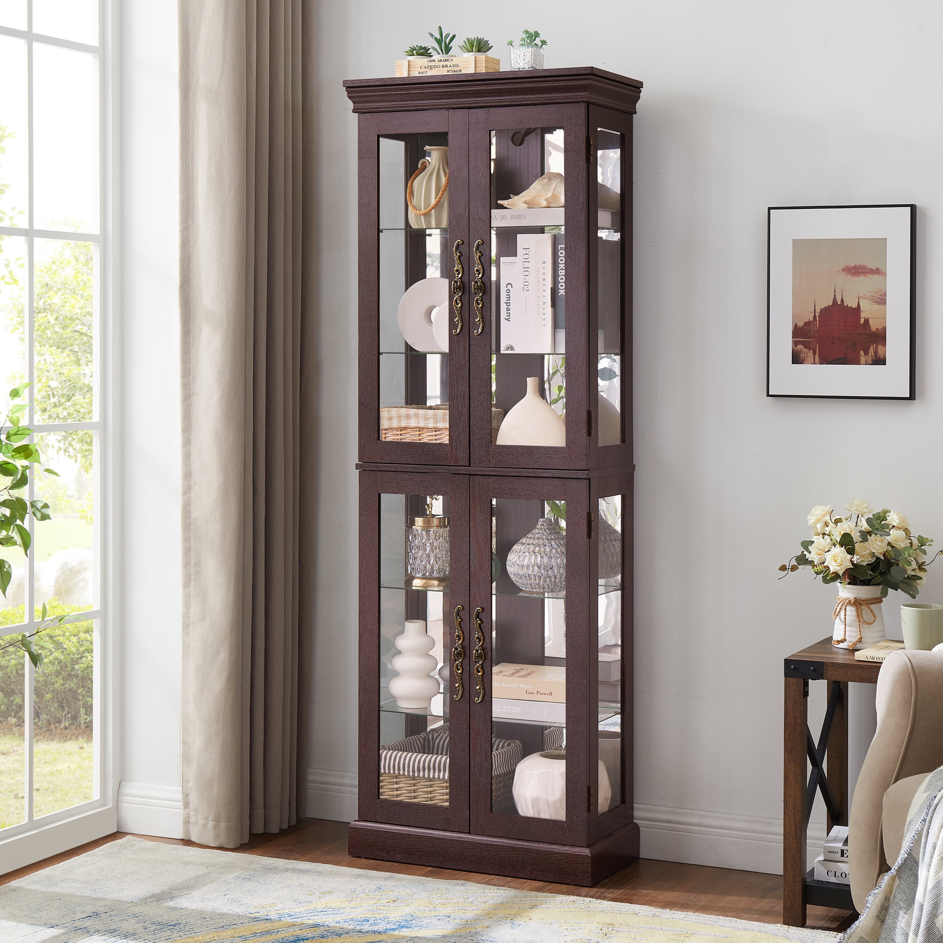 Lighted Glass Curio Display Cabinet,Display Cabinet,Glass Storage Cabinet Glass Wine cabinet Wood Frame Toy Display for Living Room, Kitchen, Pantry light bulb included Dark Cherry - Grand Goldman Shop