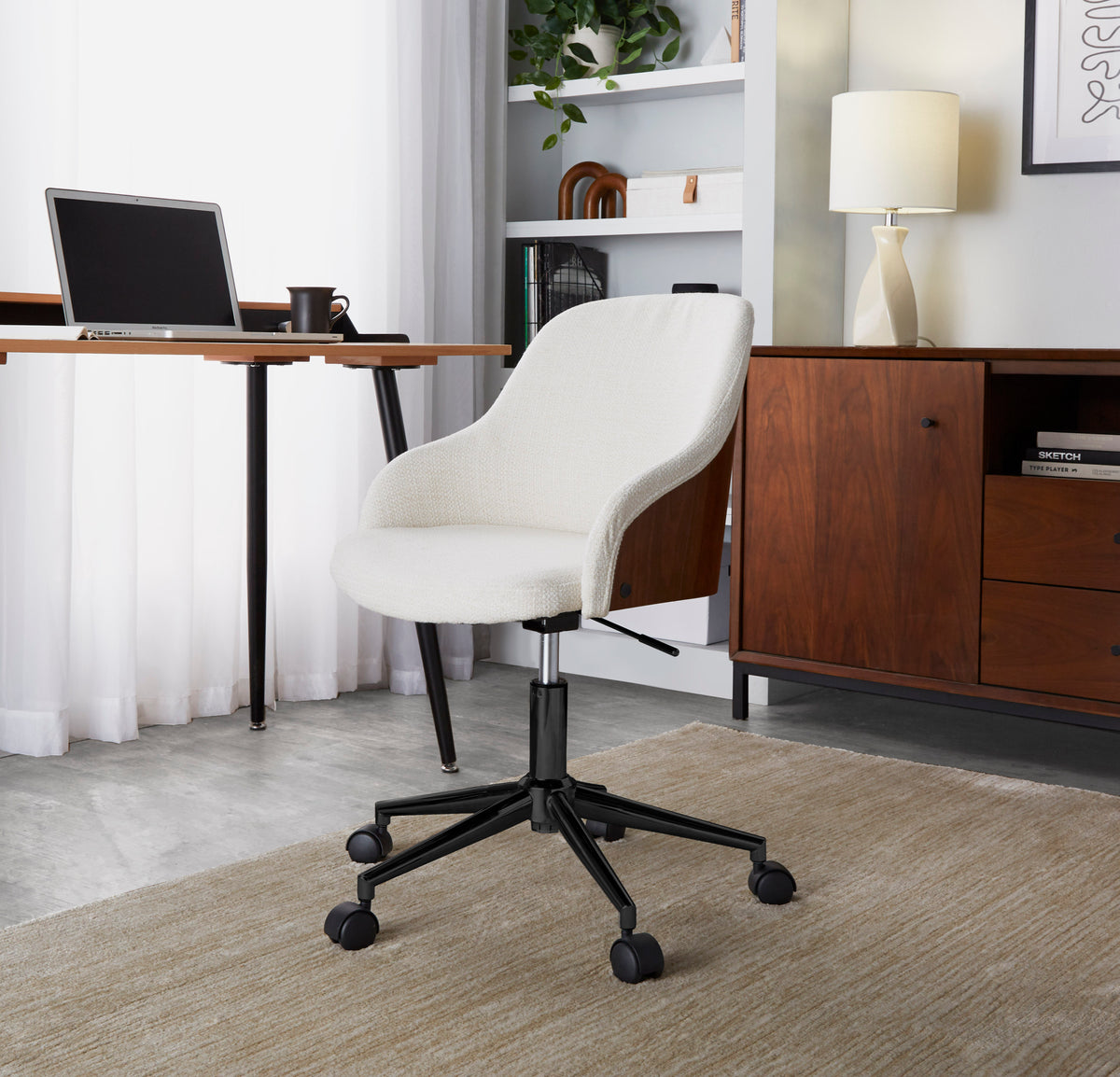 Contemporary Office Chair in Black Metal, Walnut Wood, and Cream Fabric - Grand Goldman