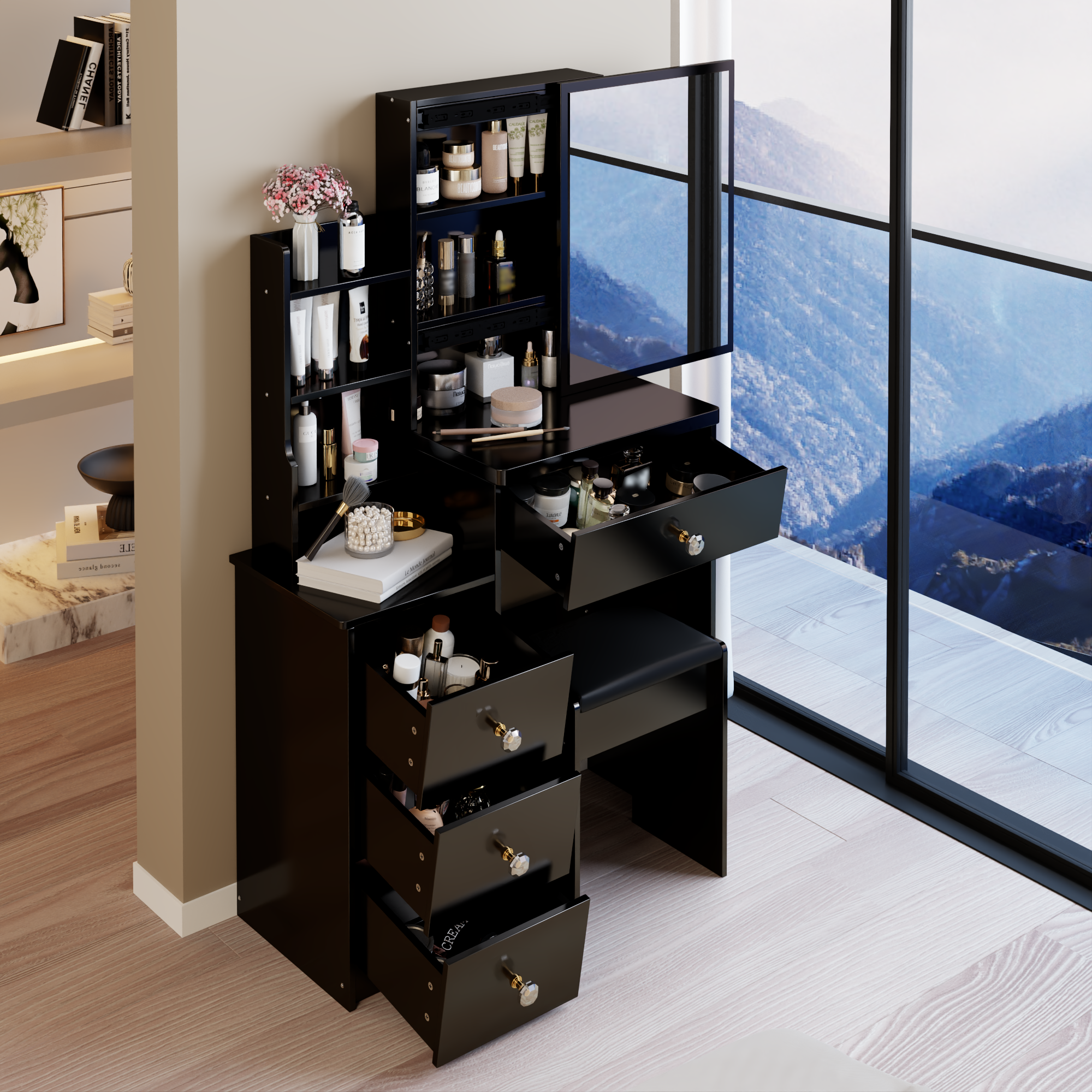 29.2' Small Space Left Bedside Cabinet Vanity Table + Cushioned Stool, Extra Large Right sliding mirror, Multi Layer High Capacity Storage, Practical Fashionable Dresser, Suitable For Small Space - Grand Goldman Shop