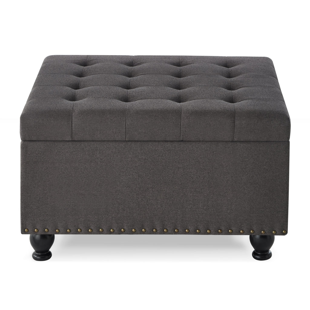 Large square storage ottoman with wooden legs, Upholstered button tufted coffee table with nail trims for Living Space,Dark Grey - Grand Goldman Shop