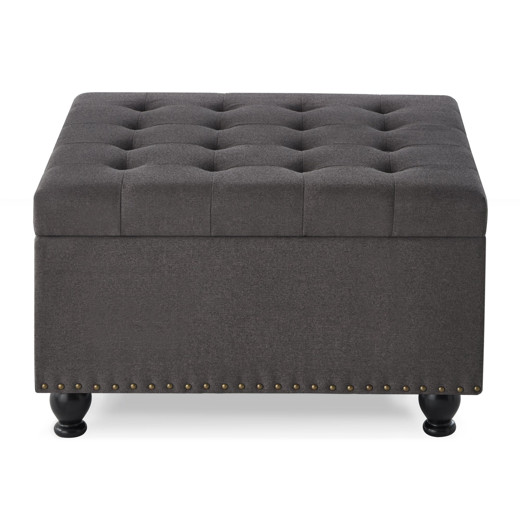 Large square storage ottoman with wooden legs, Upholstered button tufted coffee table with nail trims for Living Space,Dark Grey - Grand Goldman Shop