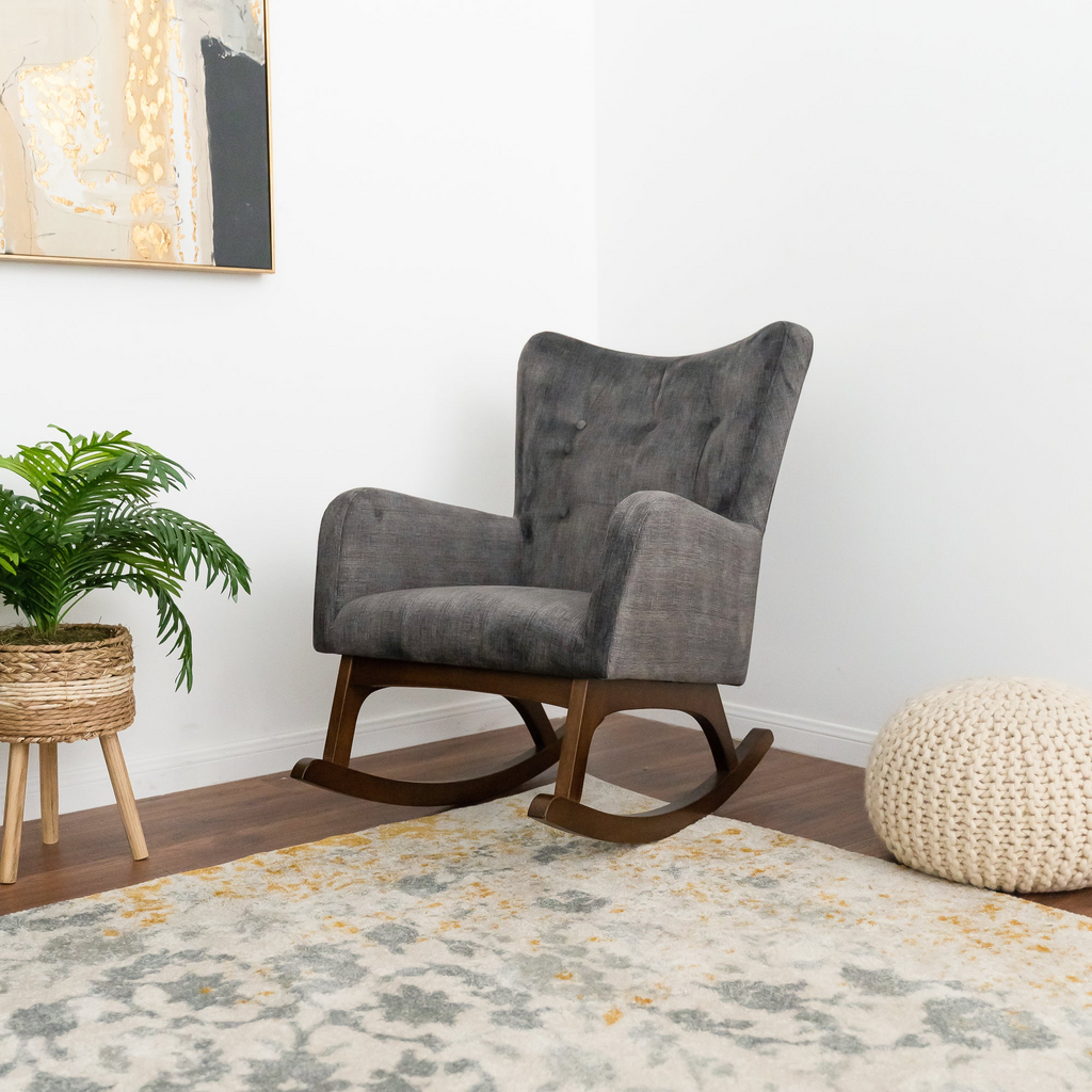 Alistair Solid Wood Rocking Chair with Stain Resistant Fabric in Brown and Dark Gray, 36x26x36.5 inches for Living Room, Nursery, Bedroom - Grand Goldman Shop