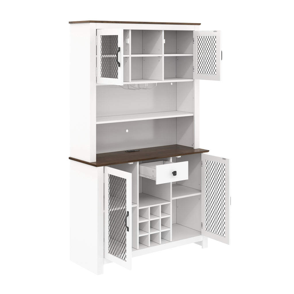 70.9' Kitchen Pantry Storage Cabinet Rustic Buffet Cabinet, Kitchen Hutch Cabinet with LED Outlets Food Pantry Cabinet with Doors and Shelves Wine Rack for Dining Room, White - Grand Goldman Shop