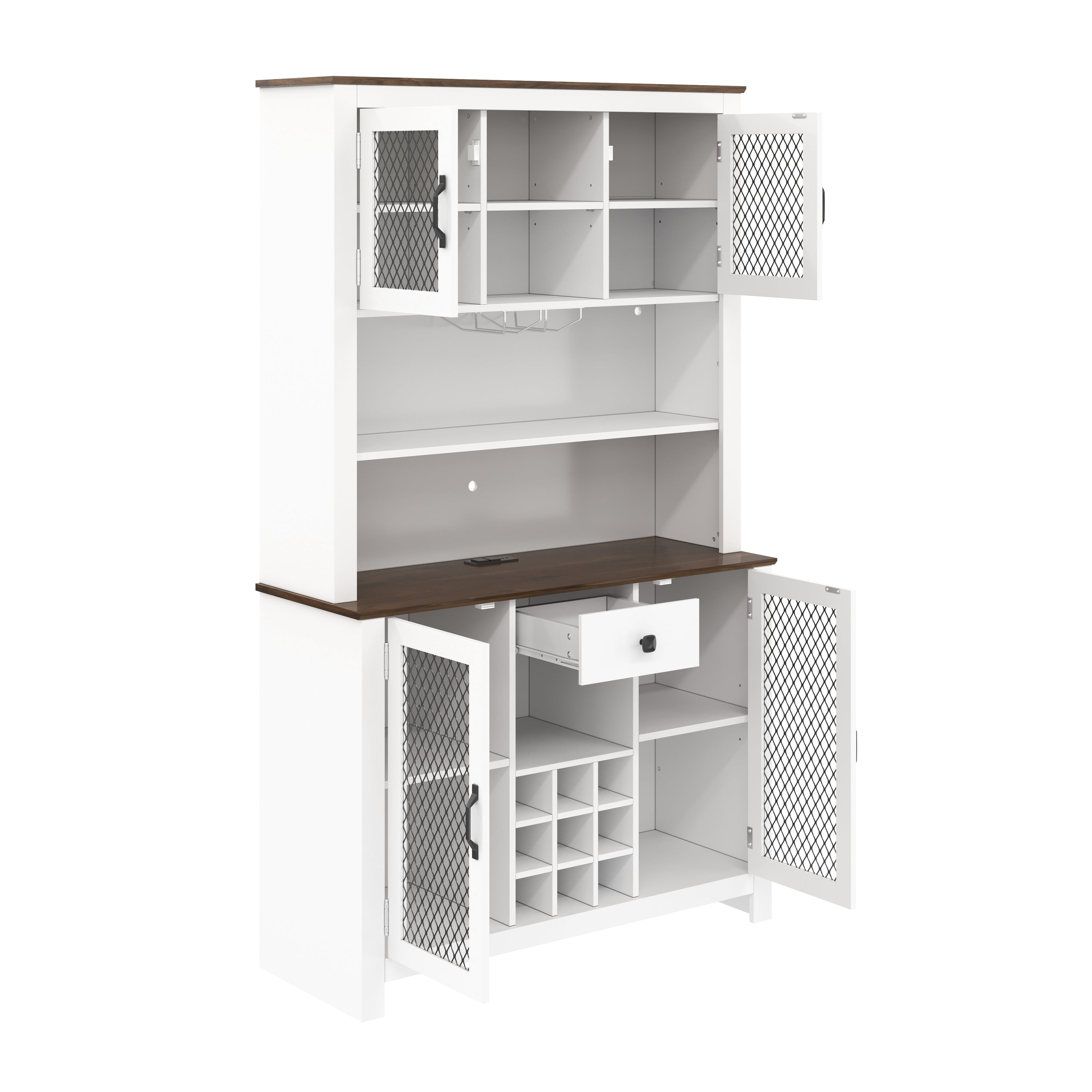 70.9' Kitchen Pantry Storage Cabinet Rustic Buffet Cabinet, Kitchen Hutch Cabinet with LED Outlets Food Pantry Cabinet with Doors and Shelves Wine Rack for Dining Room, White - Grand Goldman Shop