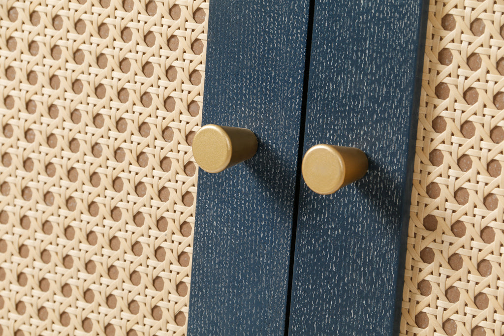 Handcrafted Premium Grain Panels,Rattan Sideboard Buffer Cabinet,Accent Storage Cabinet With 4 Rattan Doors, Modern Storage Cupboard Console Table with Adjustable Shelves for Living Room ,BLUE - Grand Goldman Shop