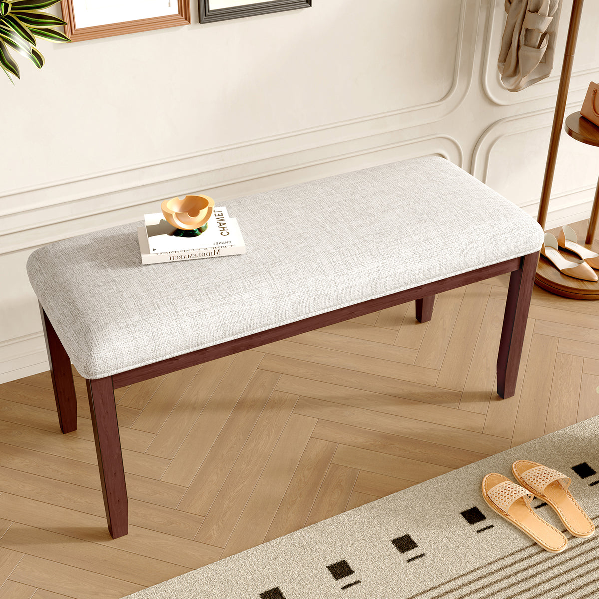 Upholstered Bench for Bedroom End of Bed,38-inch Entryway Bench for Living Room,Dining Bench with Padded Seat and Solid Wood Leg for Kitchen Bedroom,Indoor and Hallway (Bench, Beige+Cherry) - Grand Goldman Shop