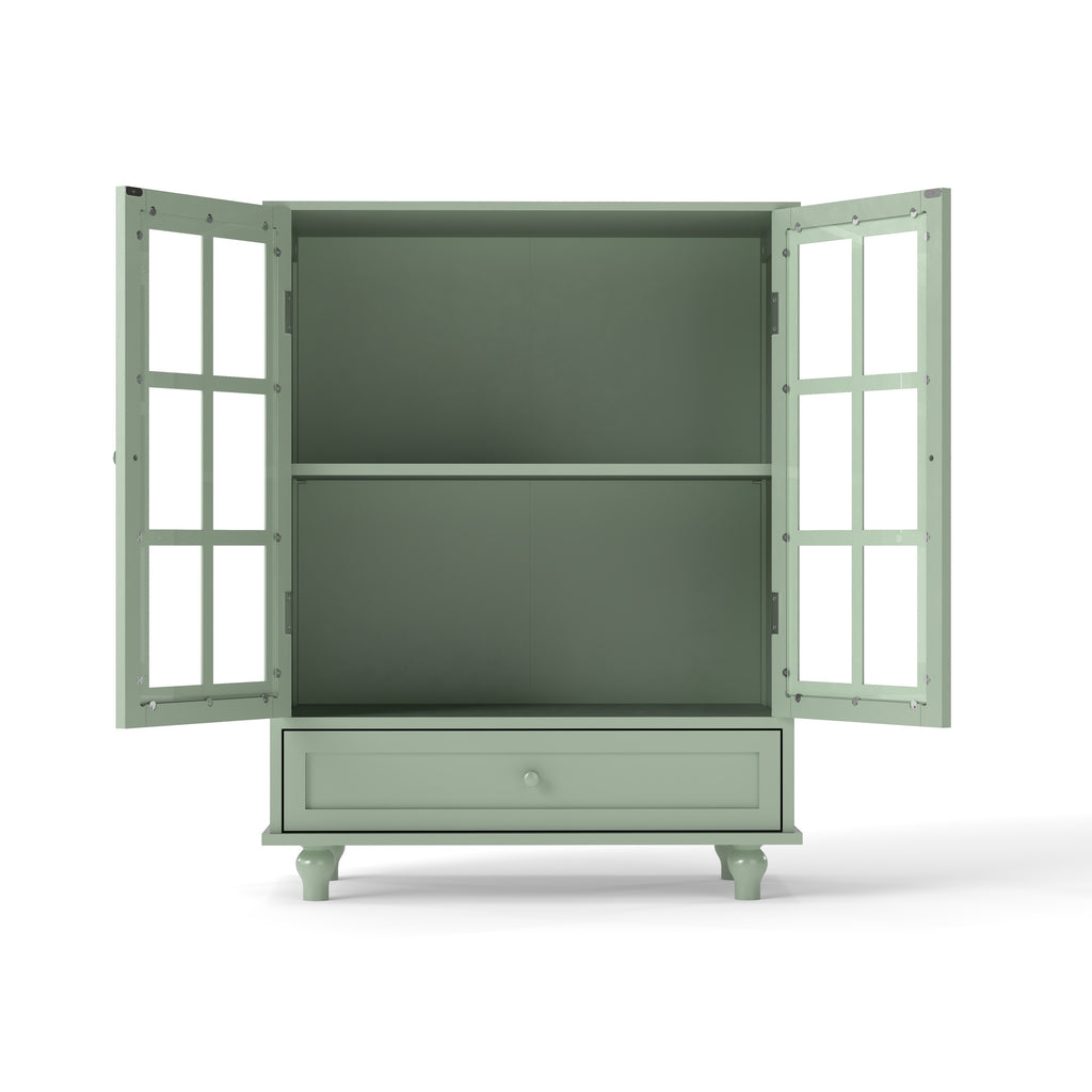 Minimalism Buffet Cabinet with Double Glass Doors and Drawer, Modern Wooden Storage Sideboard Cupboard, Mint Green, MDF and Solid Wood, 28''x15''x36.22'' - Grand Goldman Shop