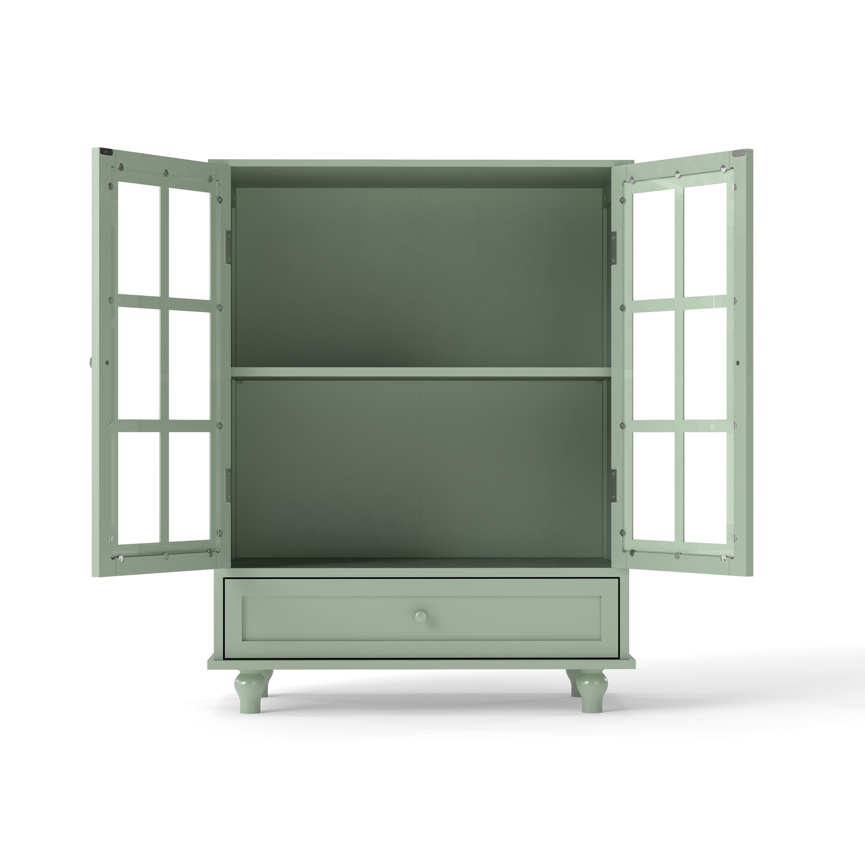 Minimalism Buffet Cabinet with Double Glass Doors and Drawer, Modern Wooden Storage Sideboard Cupboard, Mint Green, MDF and Solid Wood, 28''x15''x36.22'' - Grand Goldman Shop