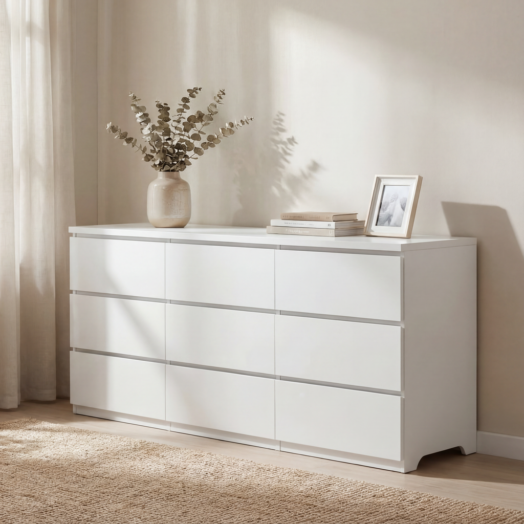 9 Drawer Dresser with No Handle Design, Modern White Matte Wood Dresser for Bedroom, Storage Chest of Drawers for Living Room, Hallway, Entryway - Grand Goldman Shop
