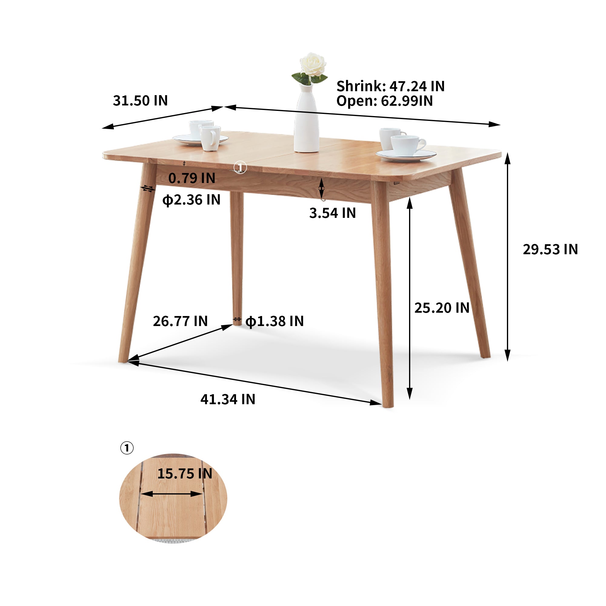 Natural Solid Oak Round Corner Diagonal Leg Telescopic Dining Table for 6-8 People, Light Oak, Solid Wood, 1.2-1.6m - Grand Goldman Shop