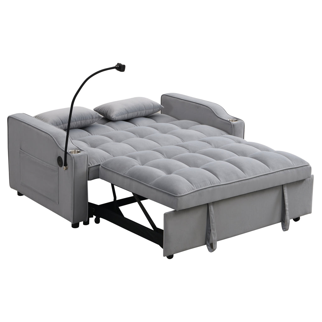 Modern Velvet Loveseat Futon Sofa Couch with Pullout Bed, Adjustable Backrest, Toss Pillows, Light Gray - Grand Goldman Shop