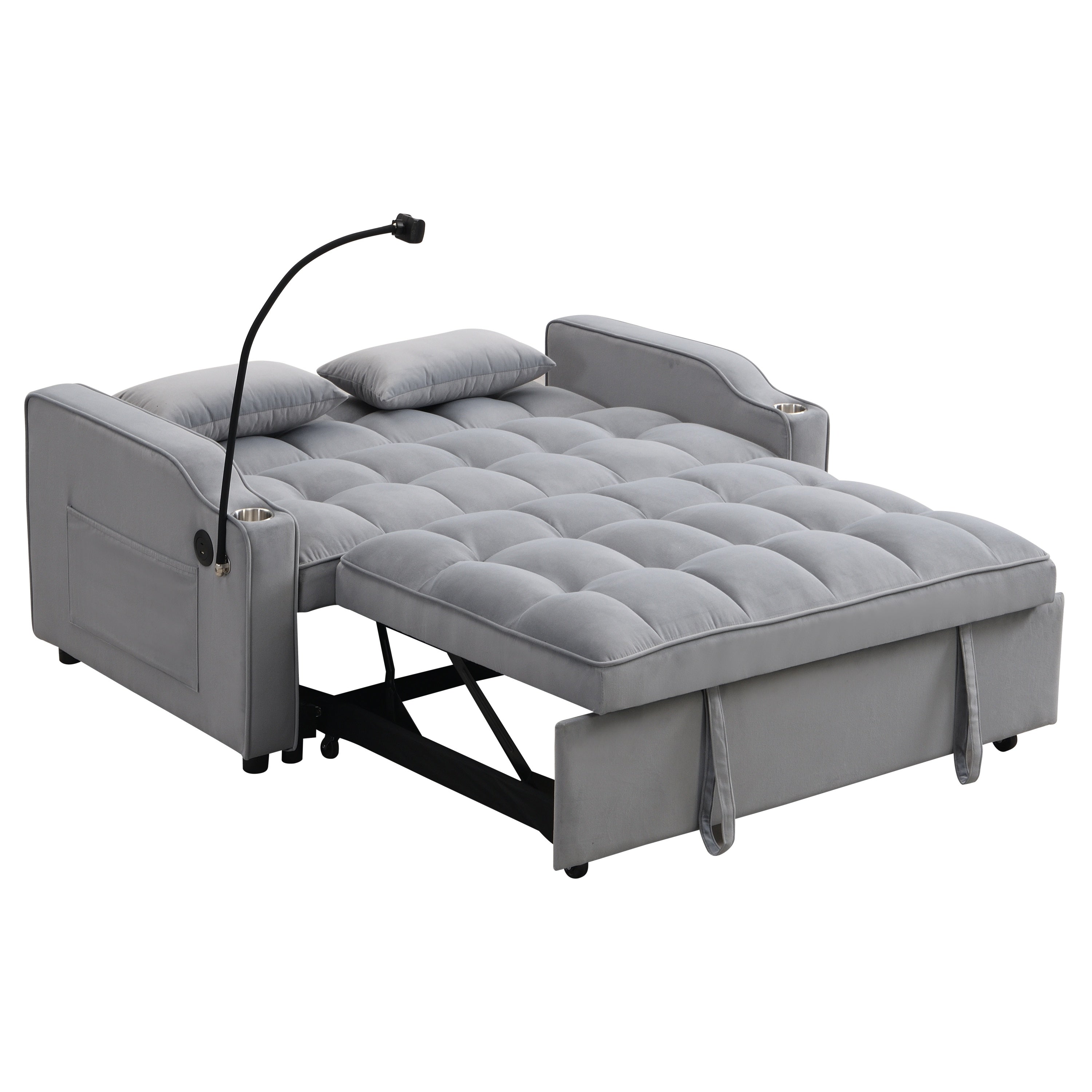 Modern Velvet Loveseat Futon Sofa Couch with Pullout Bed, Adjustable Backrest, Toss Pillows, Light Gray - Grand Goldman Shop