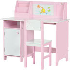 Qaba Toddler Desk and Chair Set, Kids Writing Desk Study Table for Children with Whiteboard, Storage Cabinet, Child Furniture