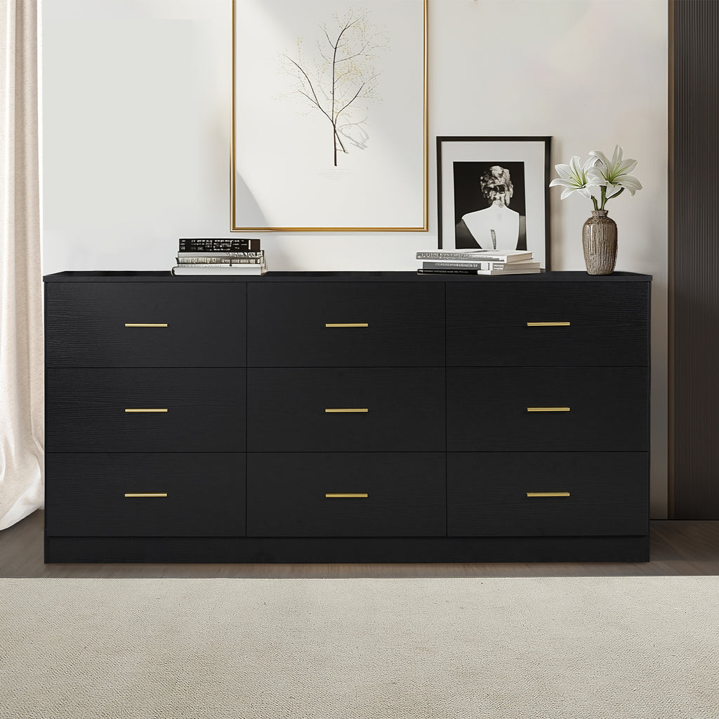 Modern Black 9-Drawer Dresser for Bedroom - Ample Storage Wide Chest of Drawers, Engineered Wood - Grand Goldman Shop