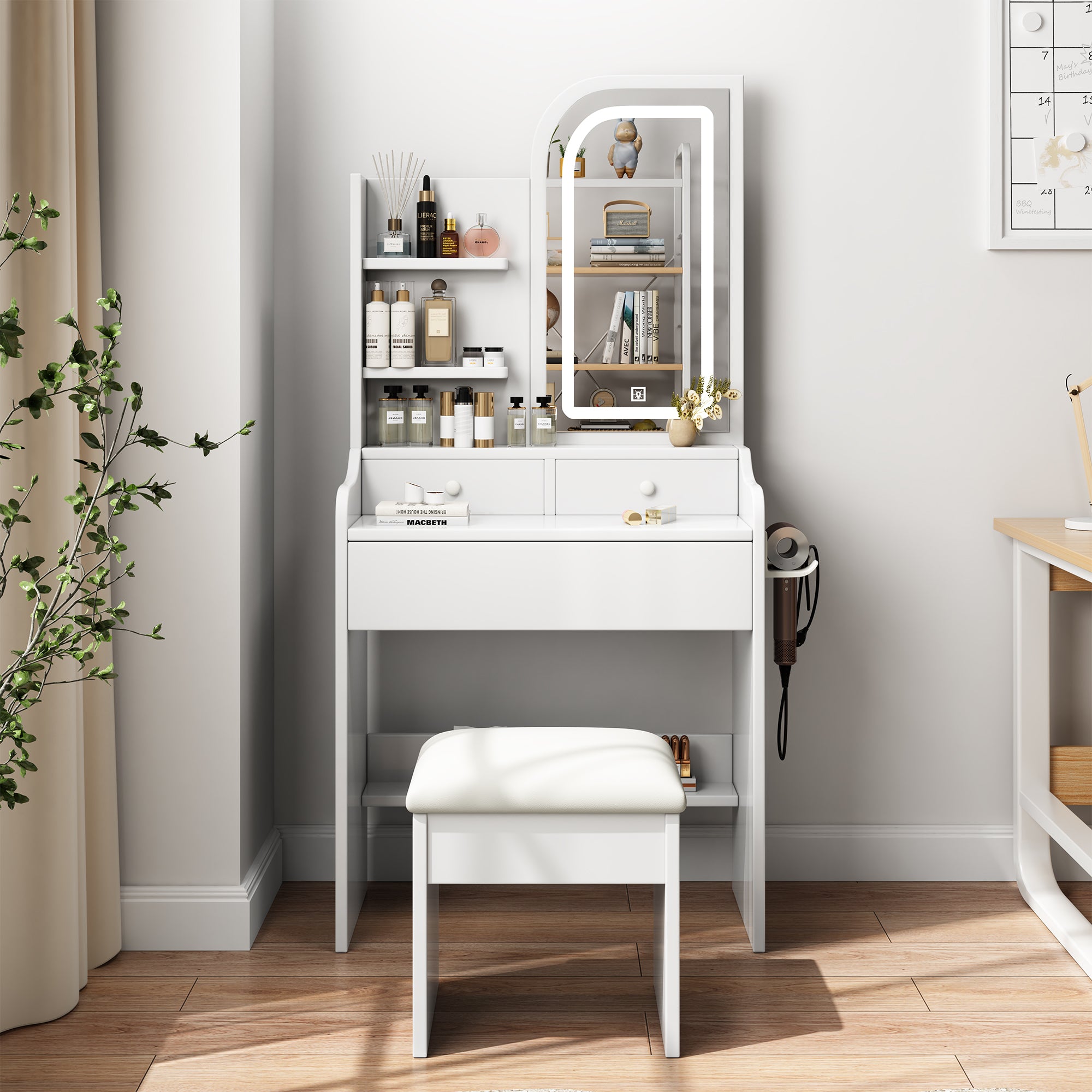 Modern Vanity Desk with Adjustable LED Lights, Mirror, Hair Dryer Holder & Chair in White MDF, 3-Drawer Storage Set - Grand Goldman Shop