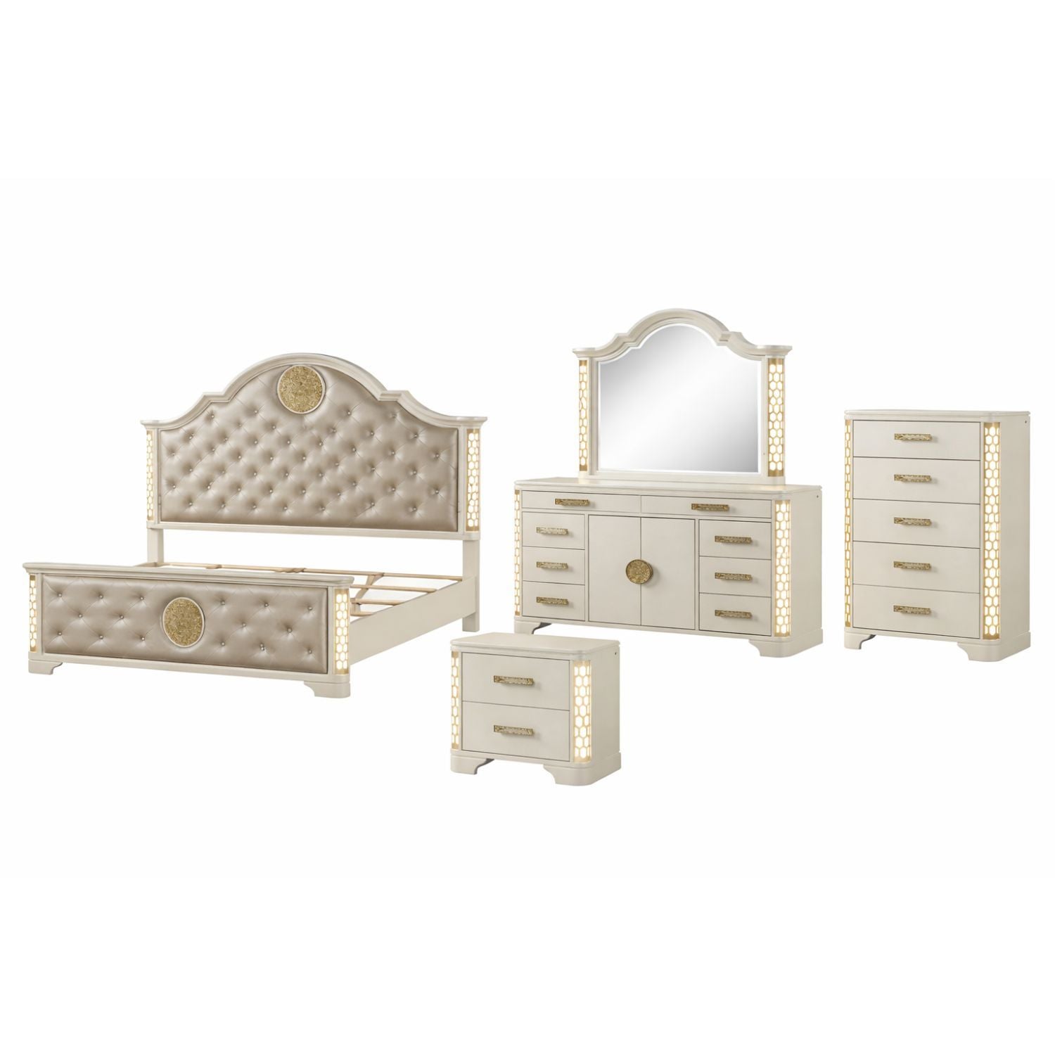 Jasmine Queen 5 Pc LED Bedroom Set in Beige made with Wood and Gold Accents - Grand Goldman Shop