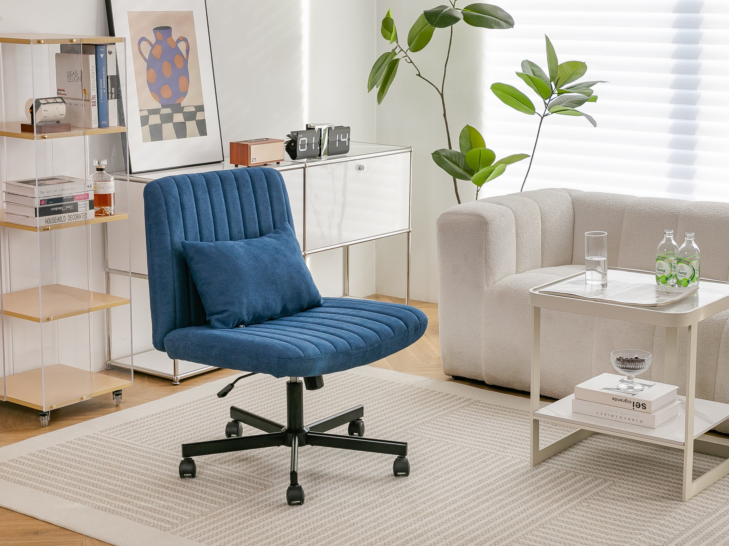 Modern Linen Blue Criss Cross Office Chair with Adjustable Height, Ergonomic Design, and Breathable Fabric in Blue Linen Mate